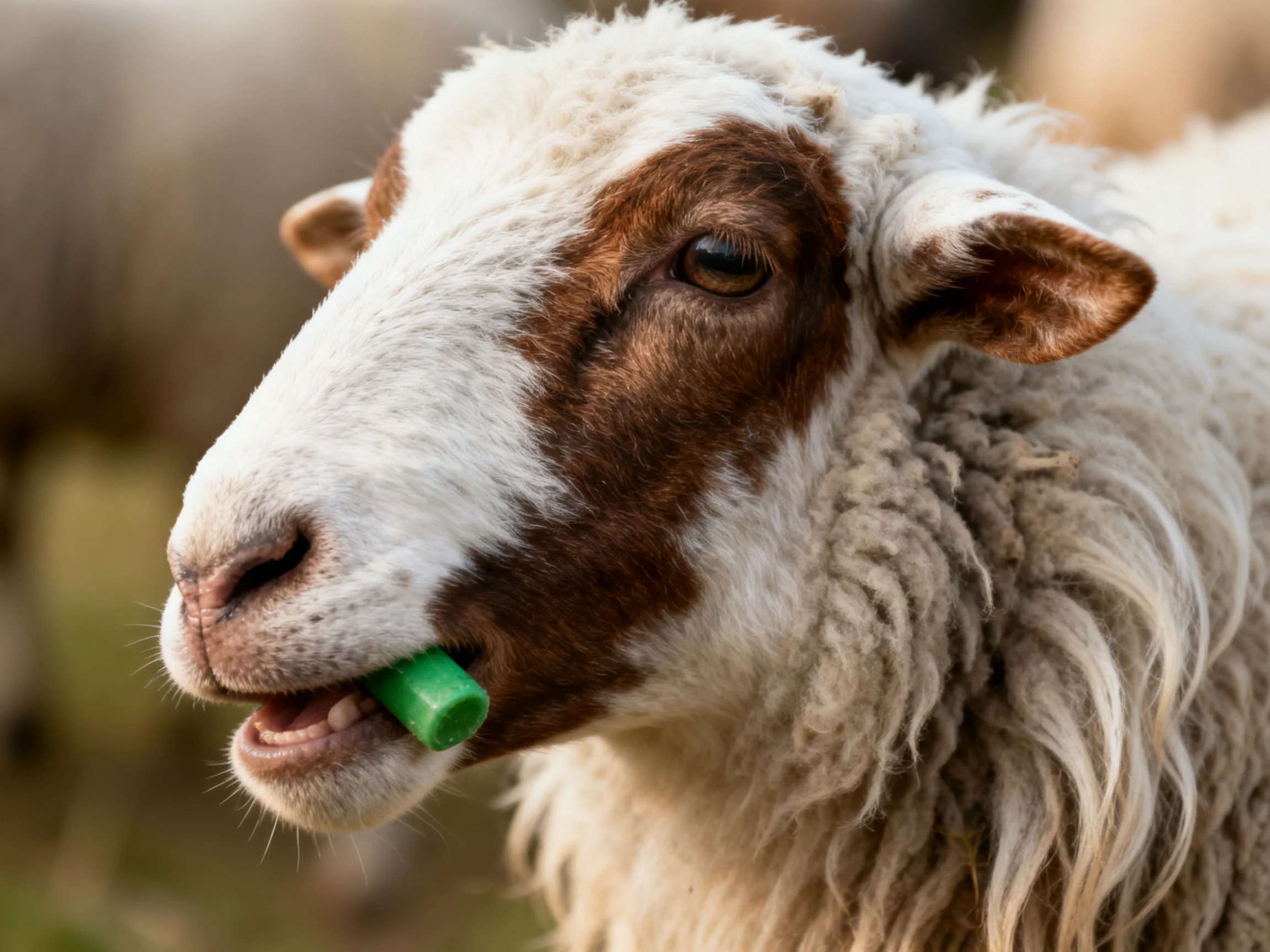 A brown-and-white sheep with a green object in its mouth