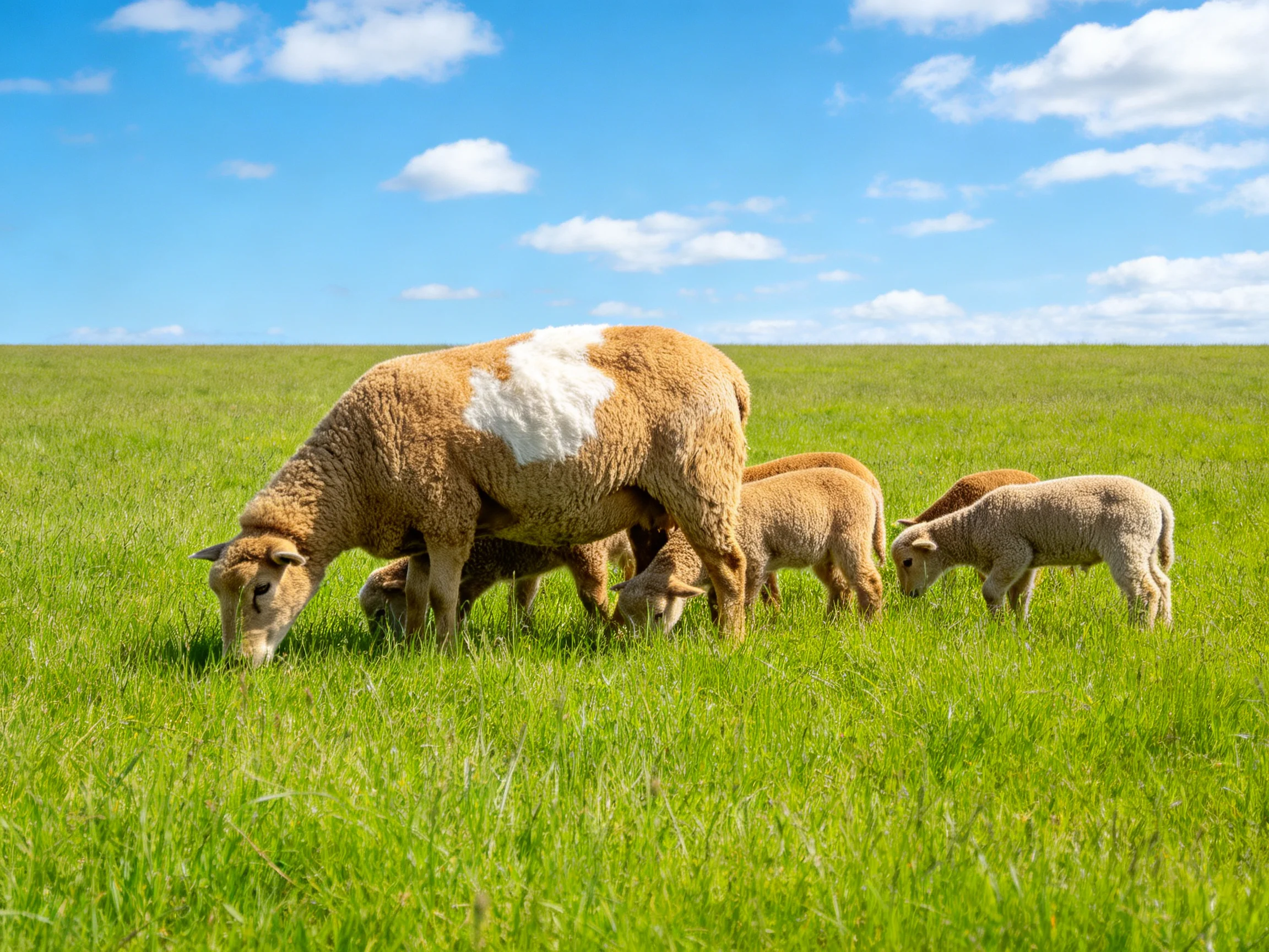 A brown and white sheep with lambs grazing in a lush green meadow