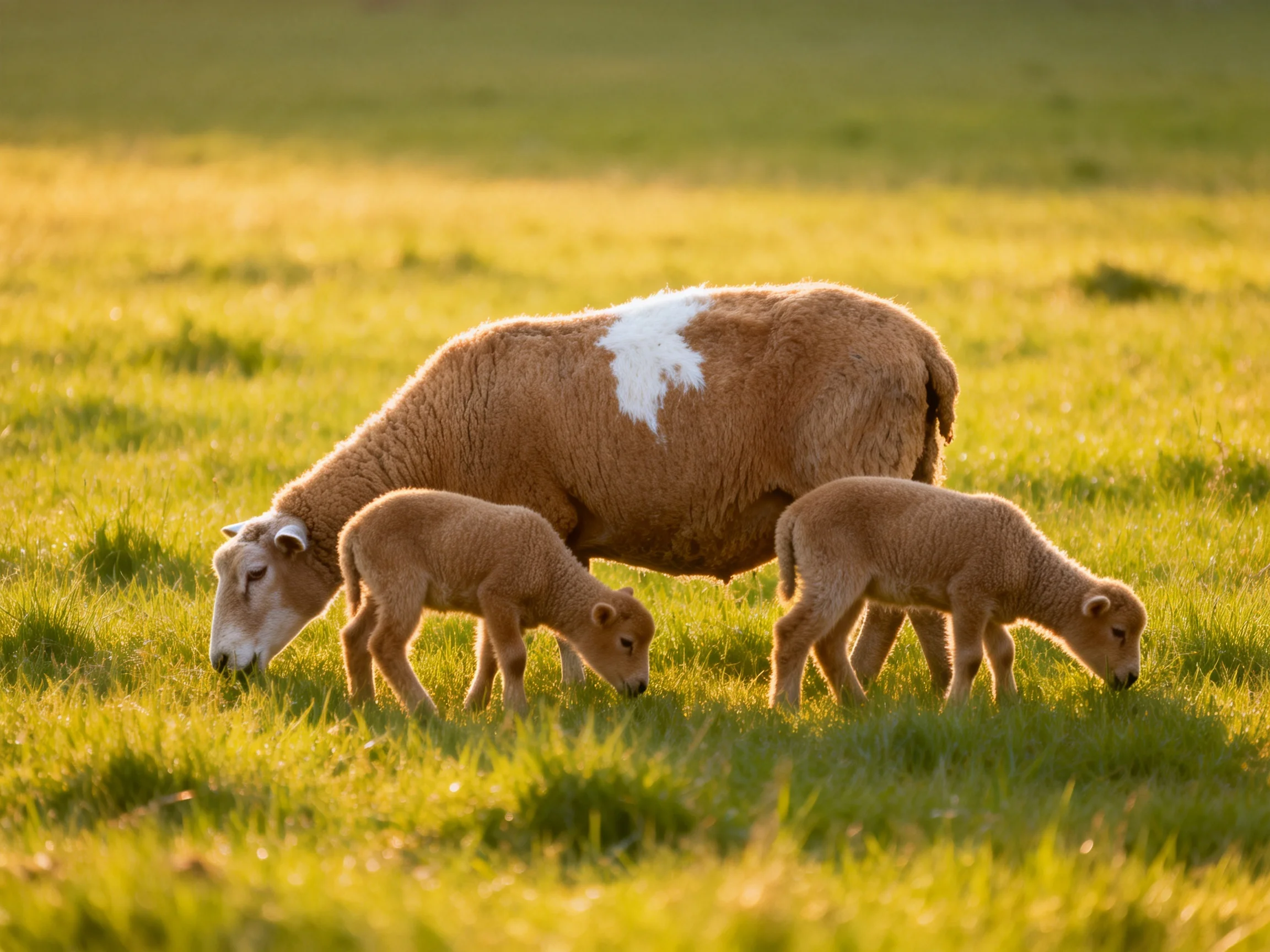 A brown and white sheep with two lambs grazing in a sunlit meadow