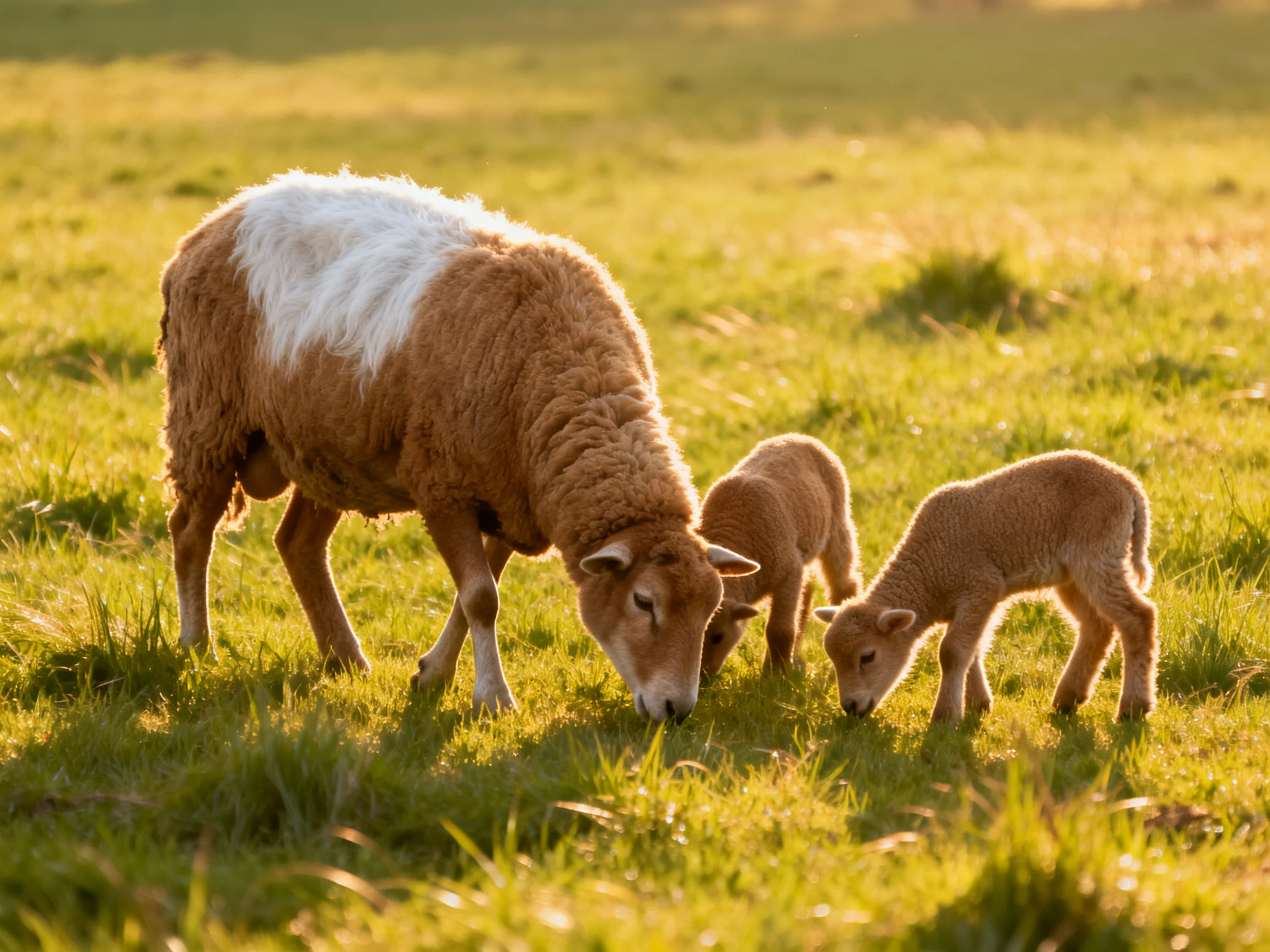 A brown and white sheep with two lambs grazing in a sunlit meadow