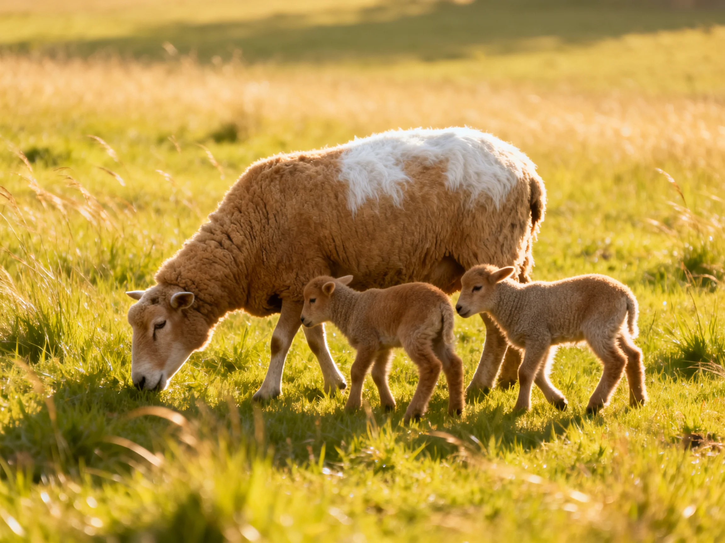 A brown and white sheep with two lambs grazing in golden meadow