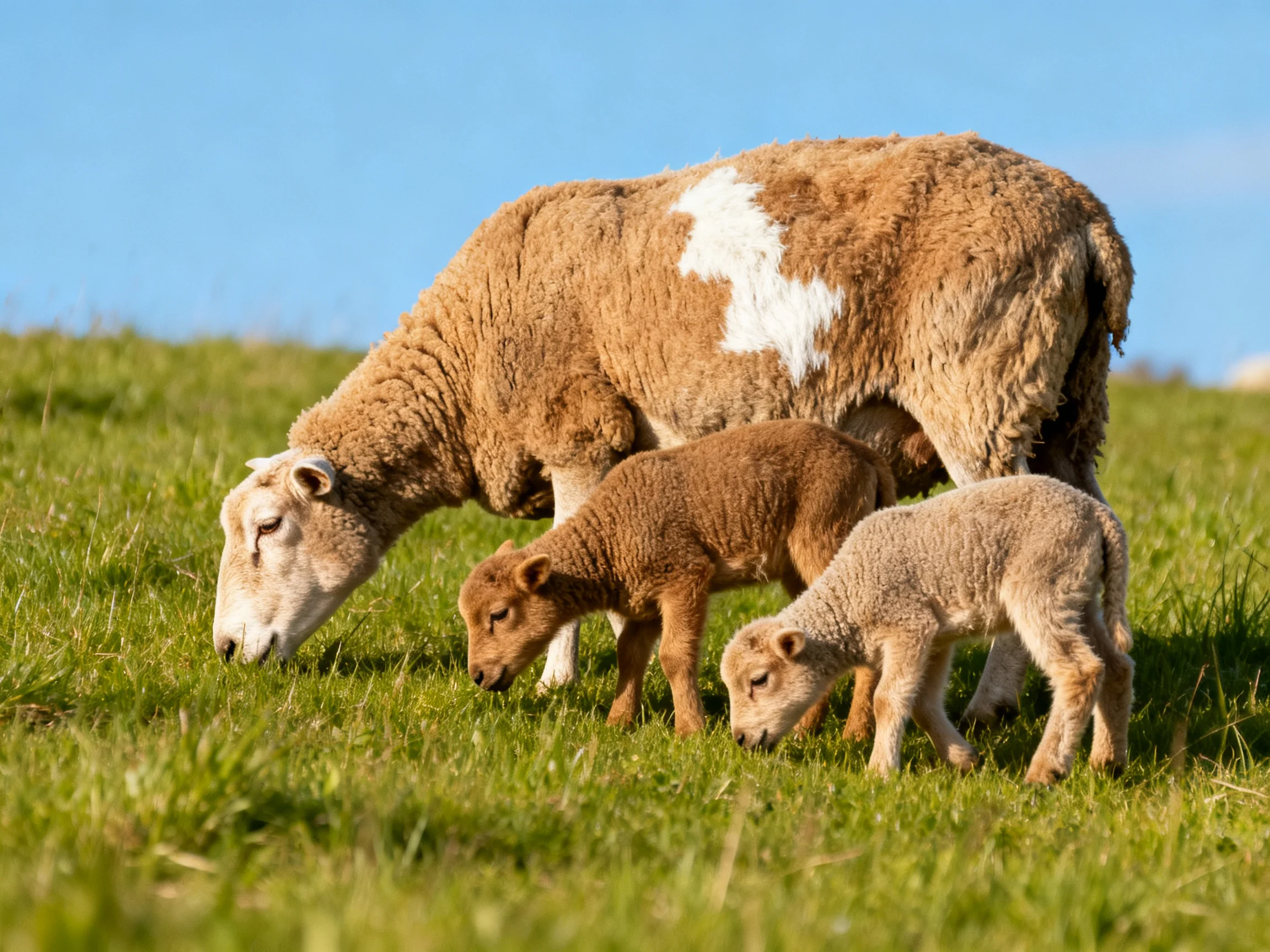 An adult sheep with two young lambs feed together in a grassy field under bright daylight.