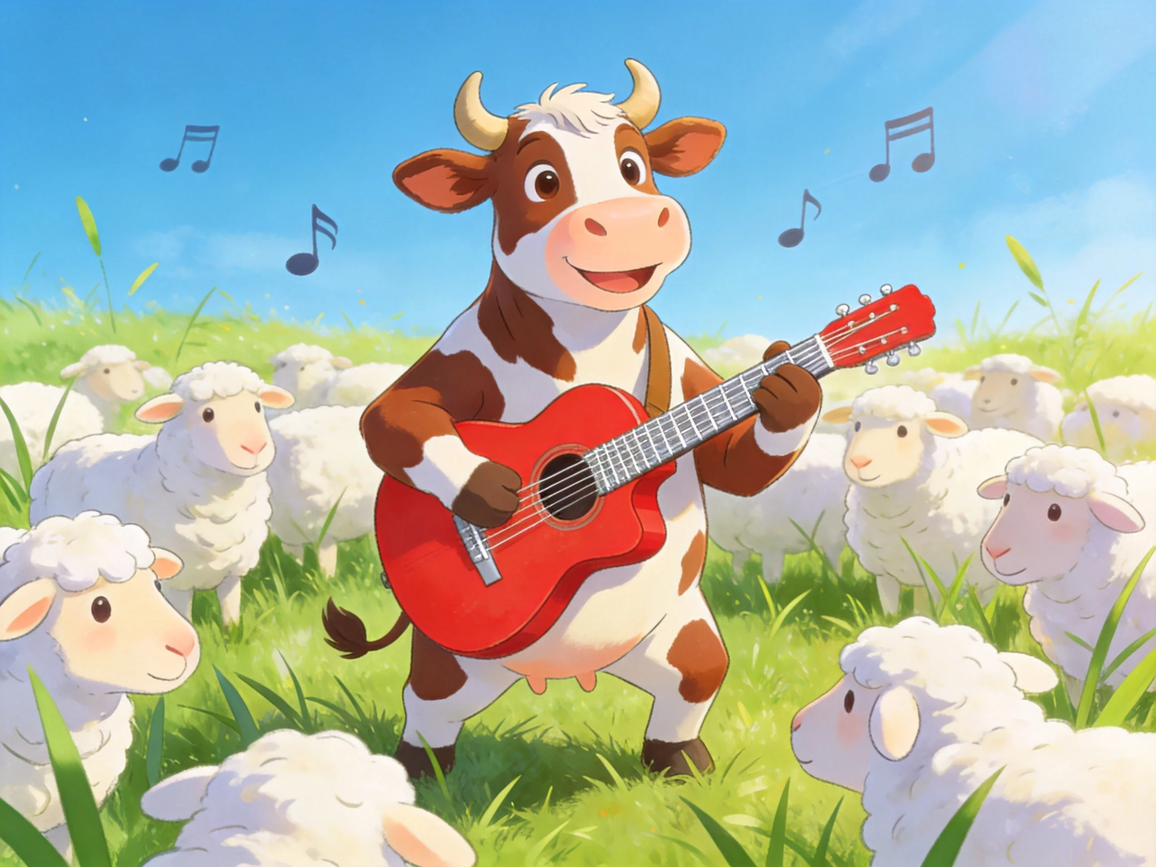 A brown and white spotted cow plays a red acoustic guitar among fluffy white sheep