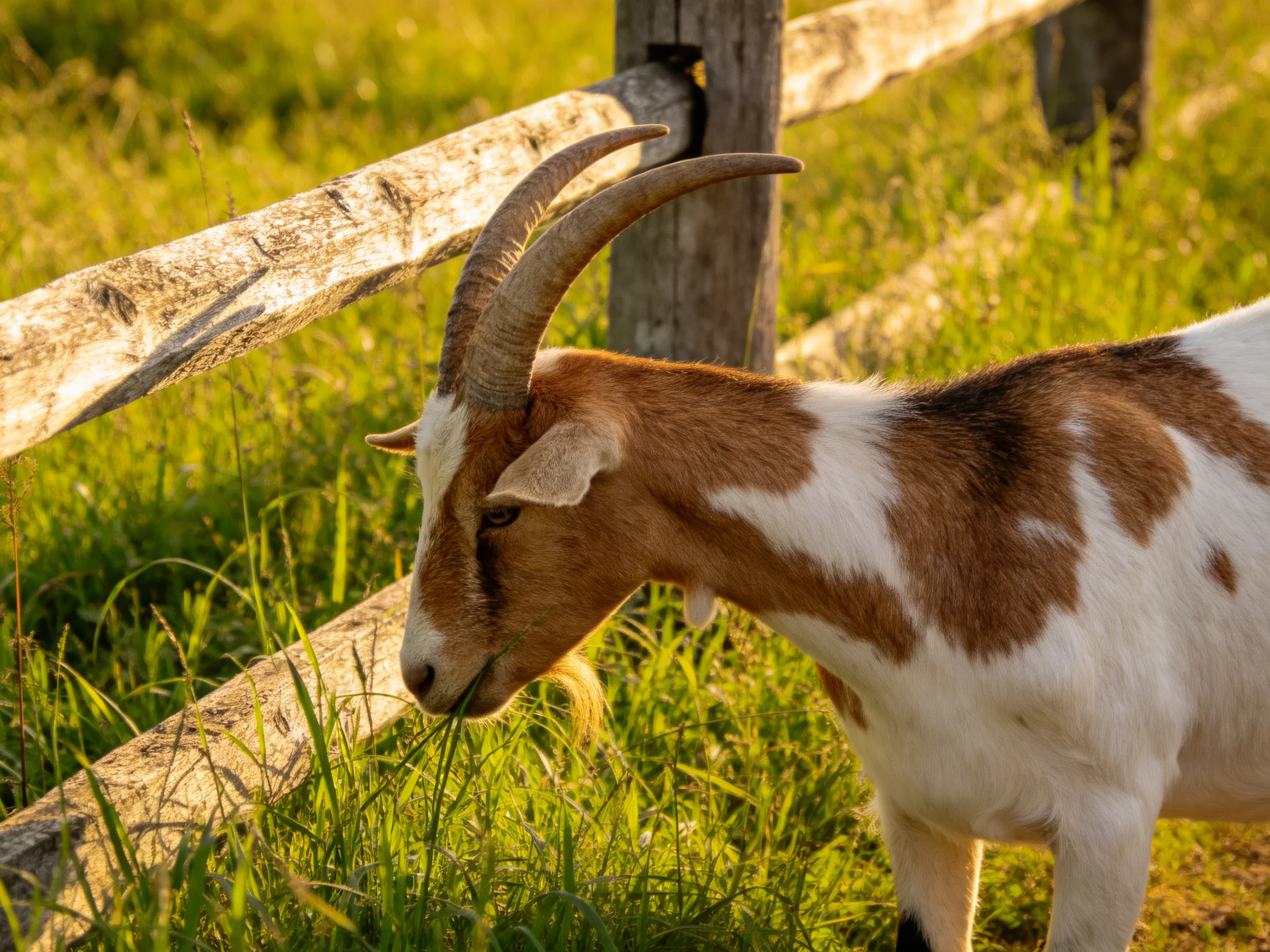 A brown and white spotted goat near a wooden fence