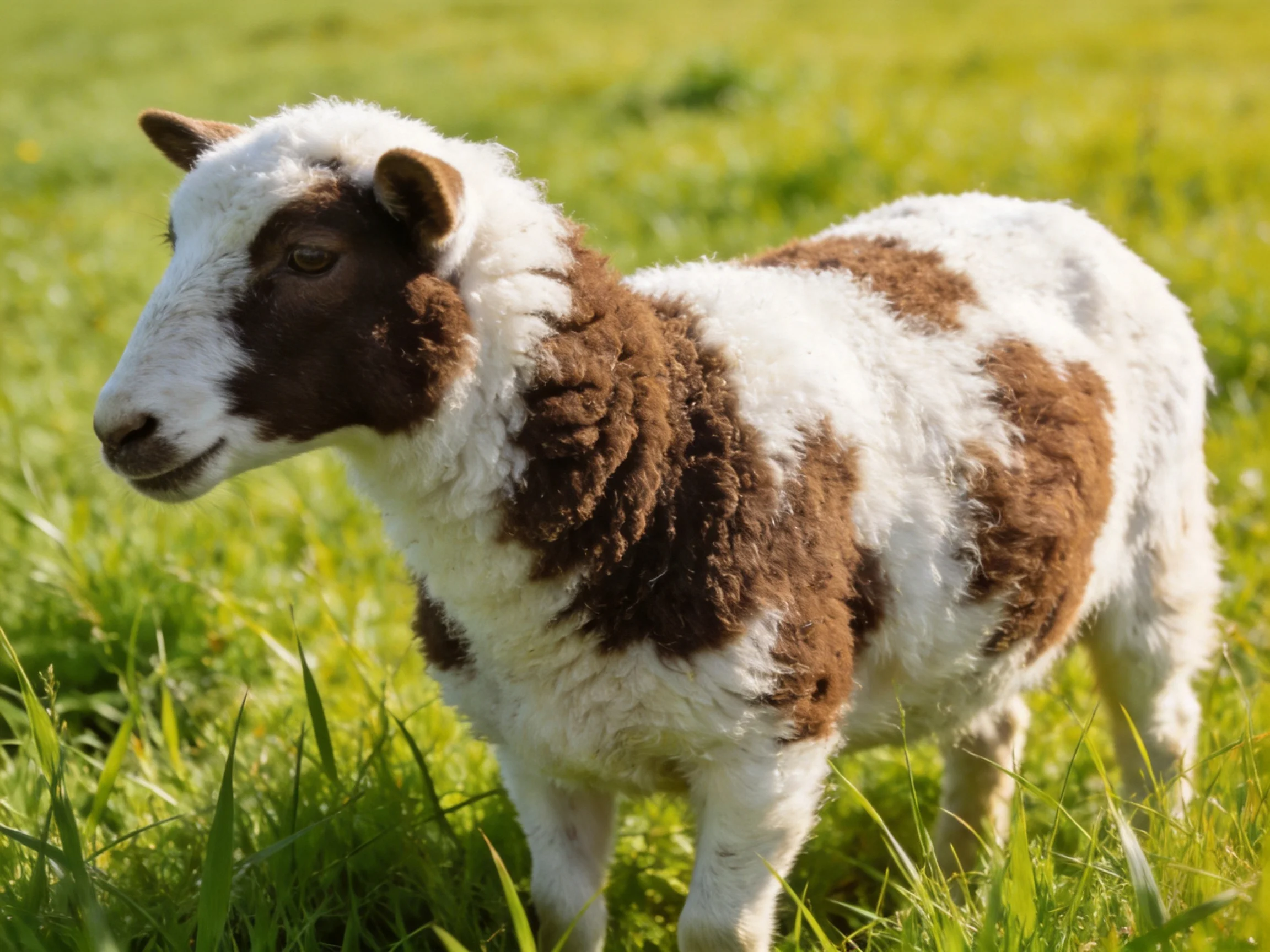 A brown and white spotted lamb stands in a sunlit meadow of tall green grass.