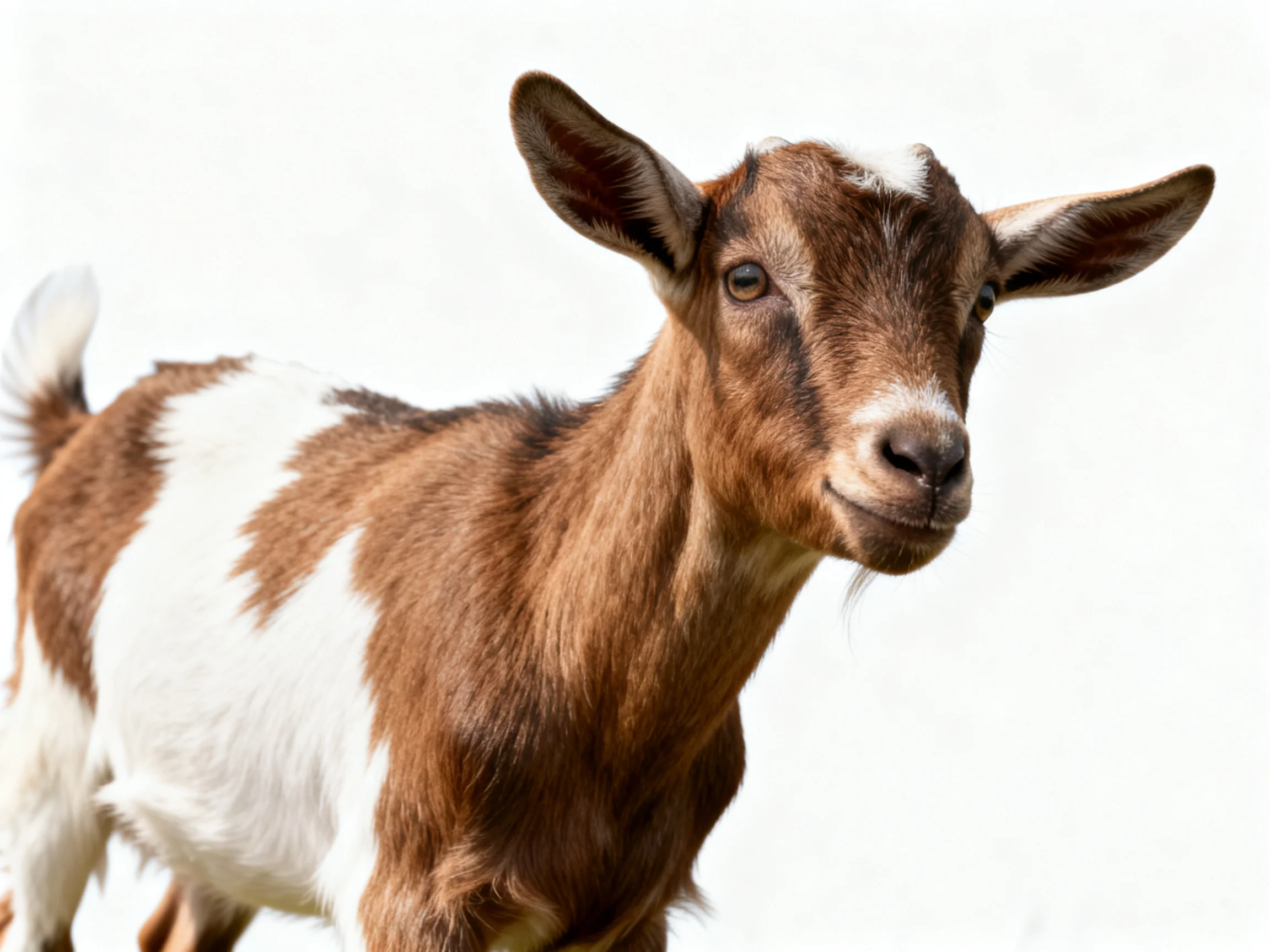 A brown and white spotted young goat stands against a plain white backdrop.