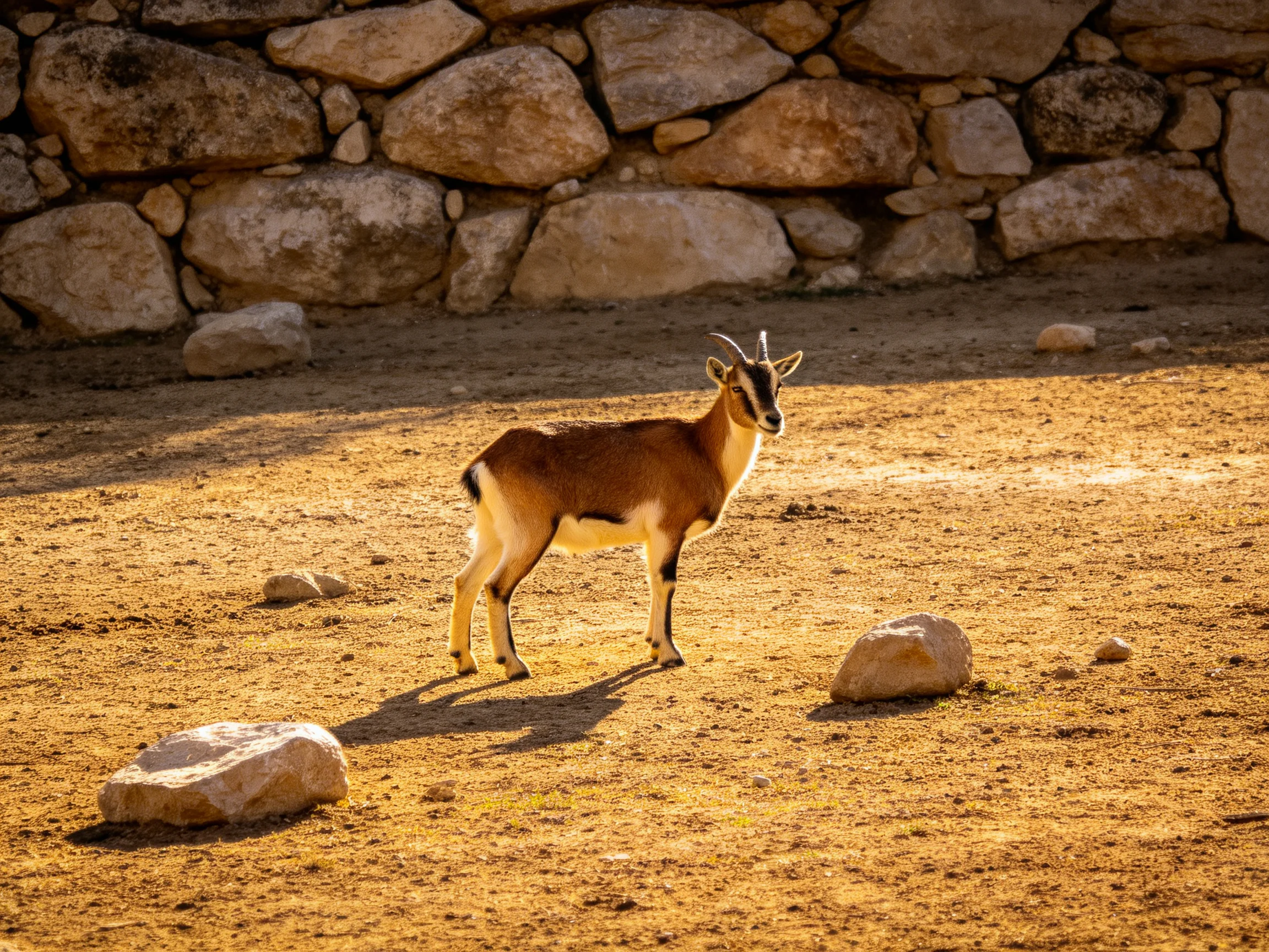 A brown antelope stands near a stone wall with scattered rocks