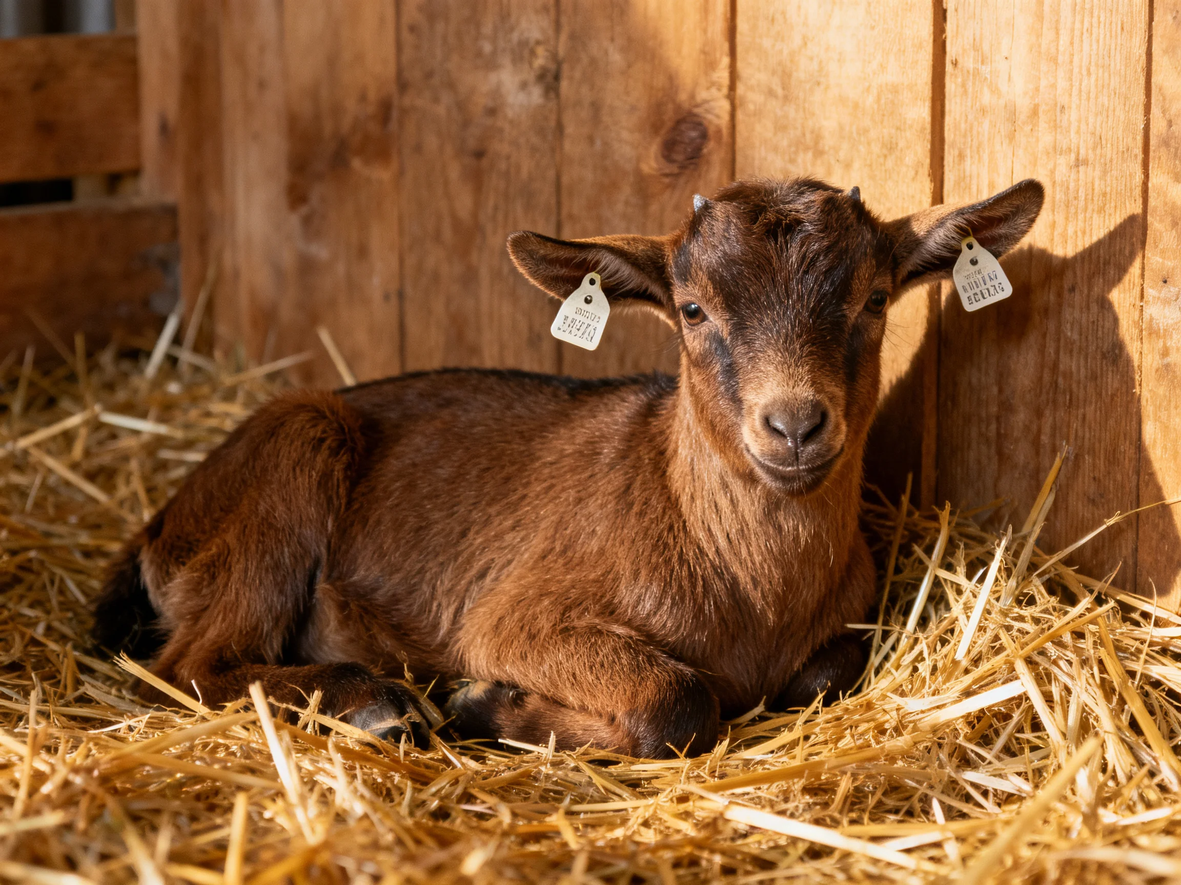 A brown baby goat resting on golden straw near wooden walls