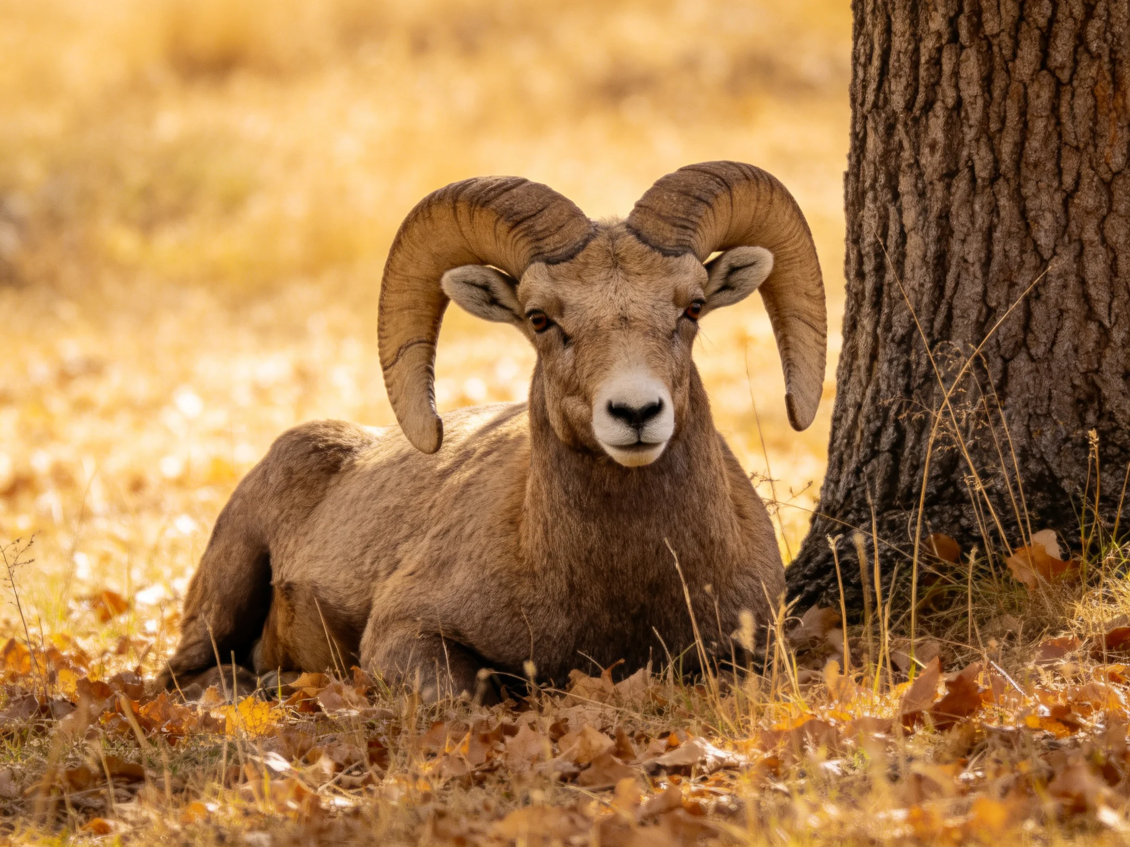 A brown bighorn ram rests beside a large tree amid golden foliage