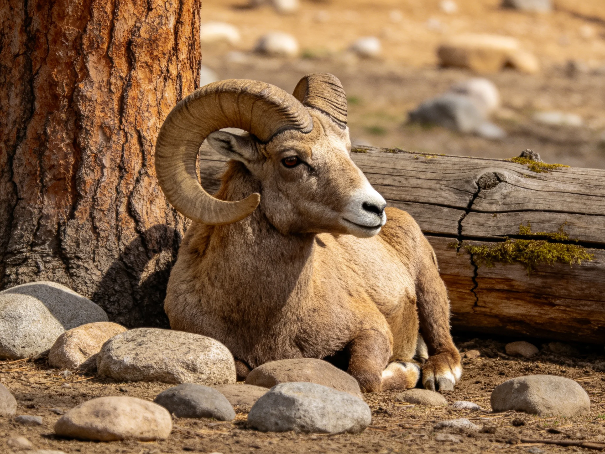 A brown bighorn ram rests beside a pine tree and weathered log