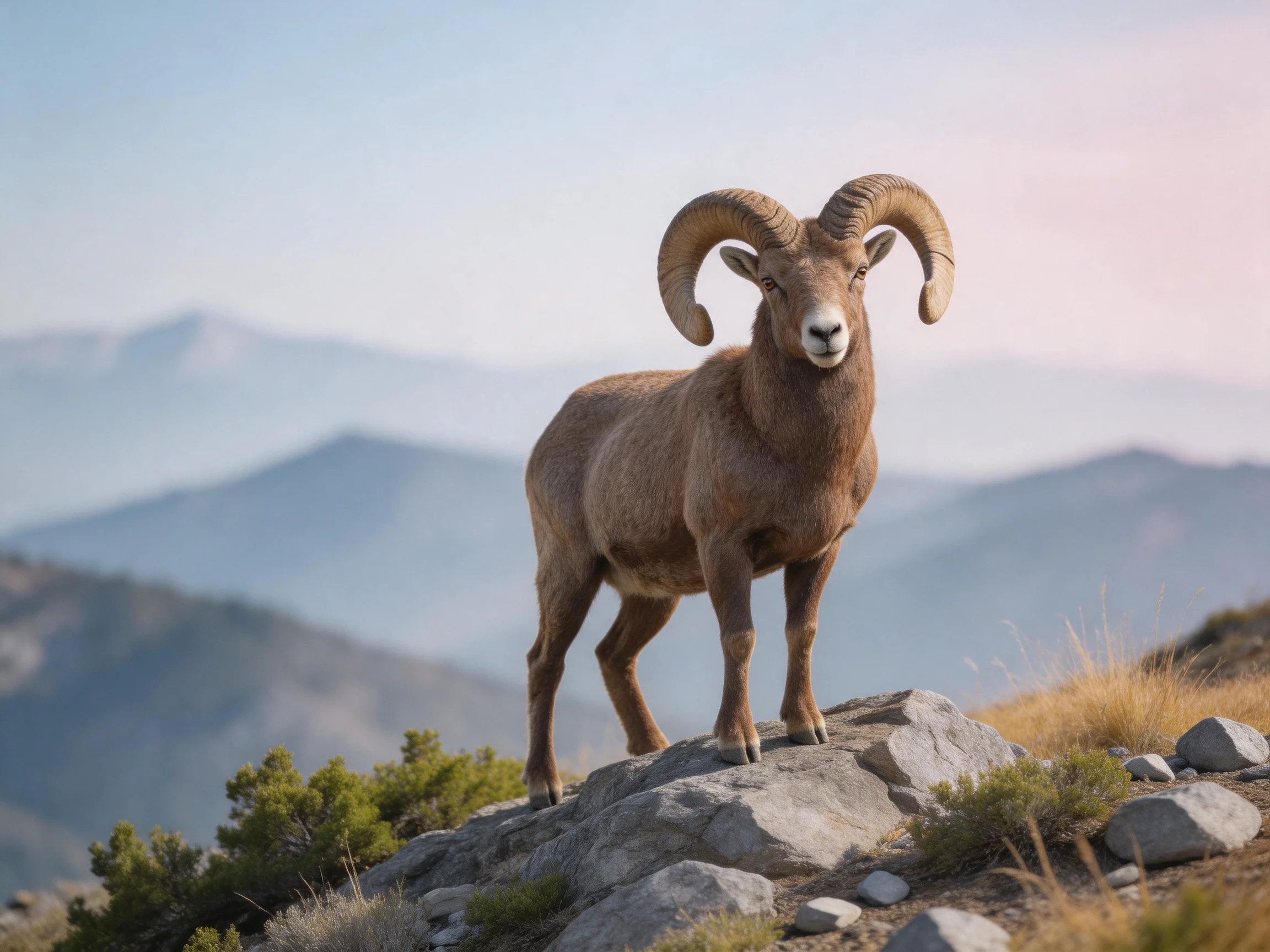 A brown bighorn ram stands on rocky terrain with misty mountains