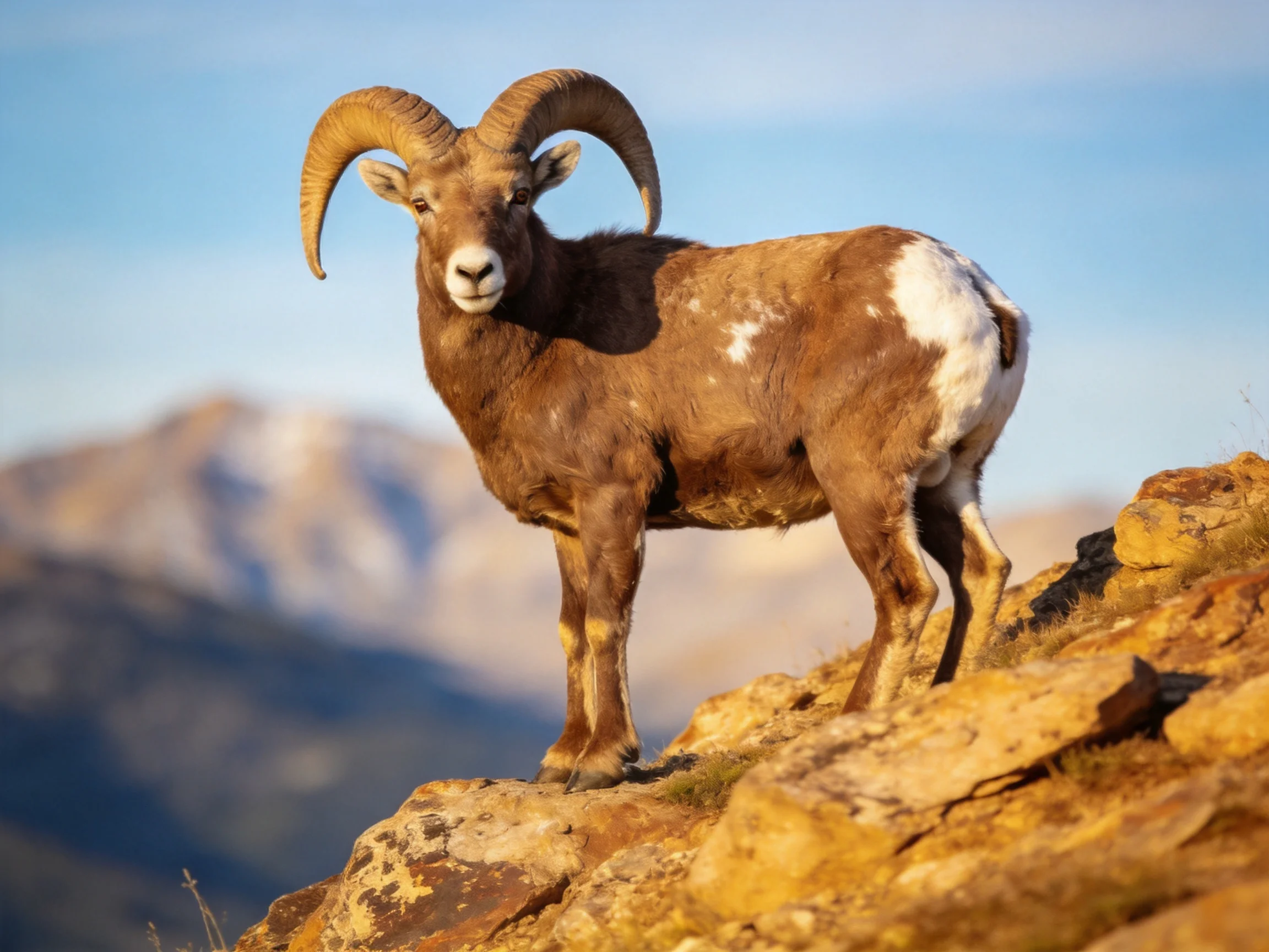 A brown bighorn ram stands on rocky terrain with mountain backdrop