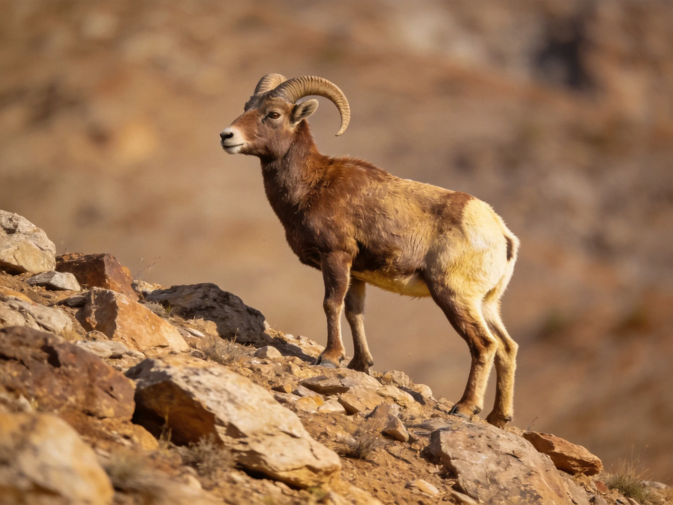 A brown bighorn ram stands on rugged, sunlit rocks