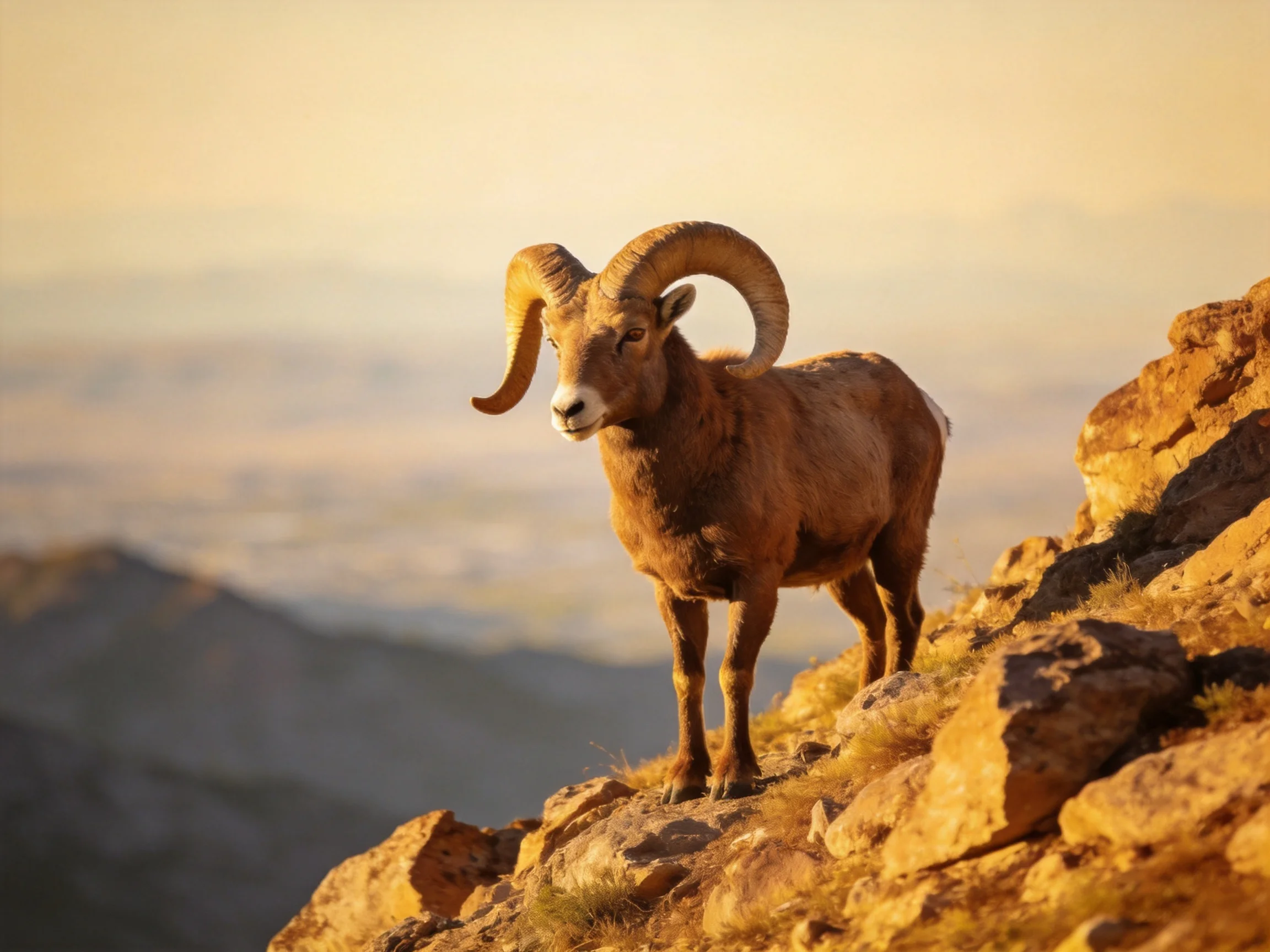 A brown bighorn ram stands on sunlit rocky cliffs