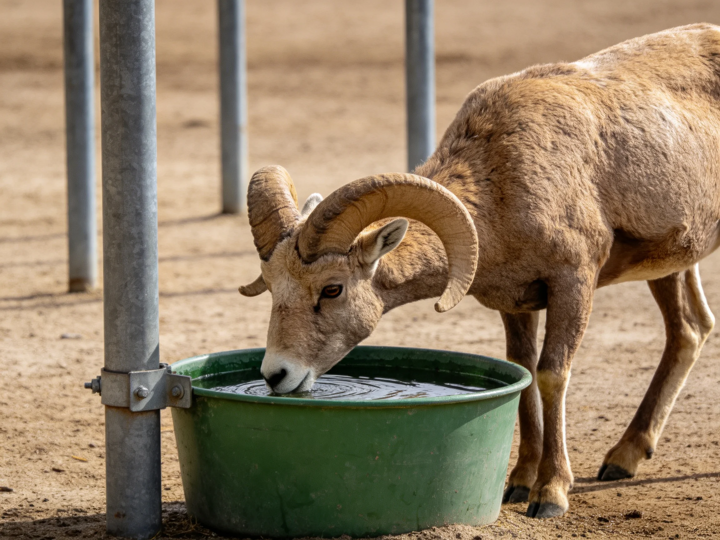 A brown bighorn sheep drinks from a green water tub in an enclosure