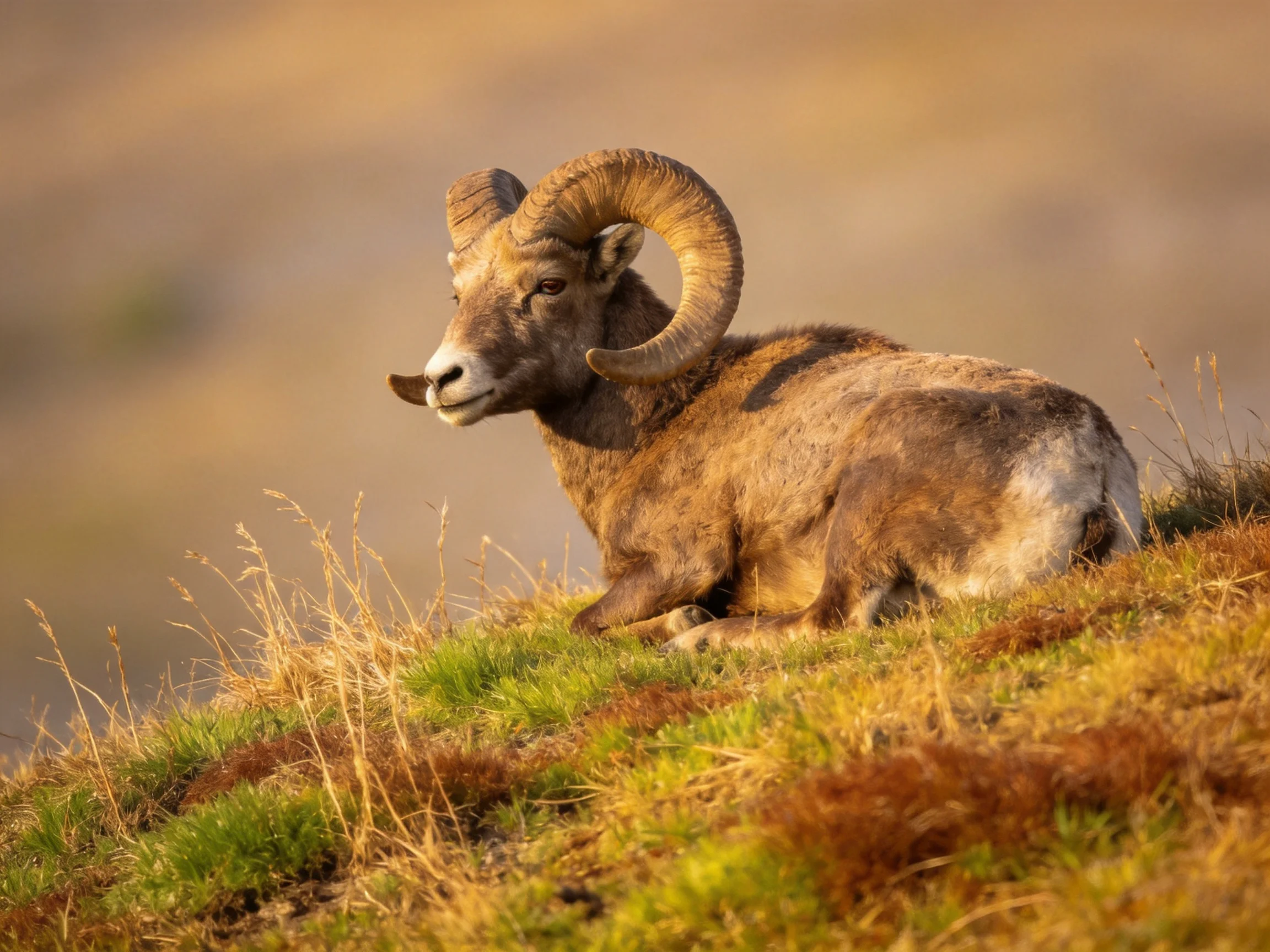 A brown bighorn sheep rests on a green and golden hillside