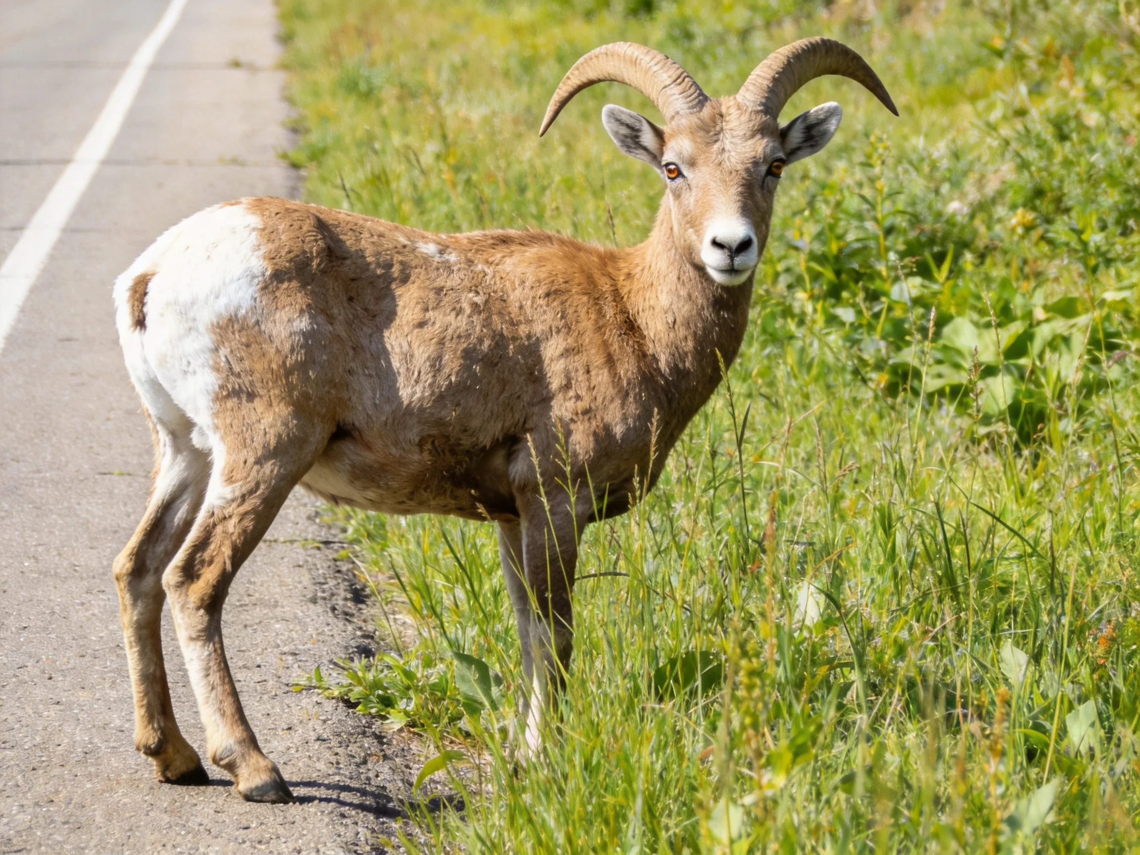 A brown bighorn sheep stands beside a paved road with tall green vegetation.