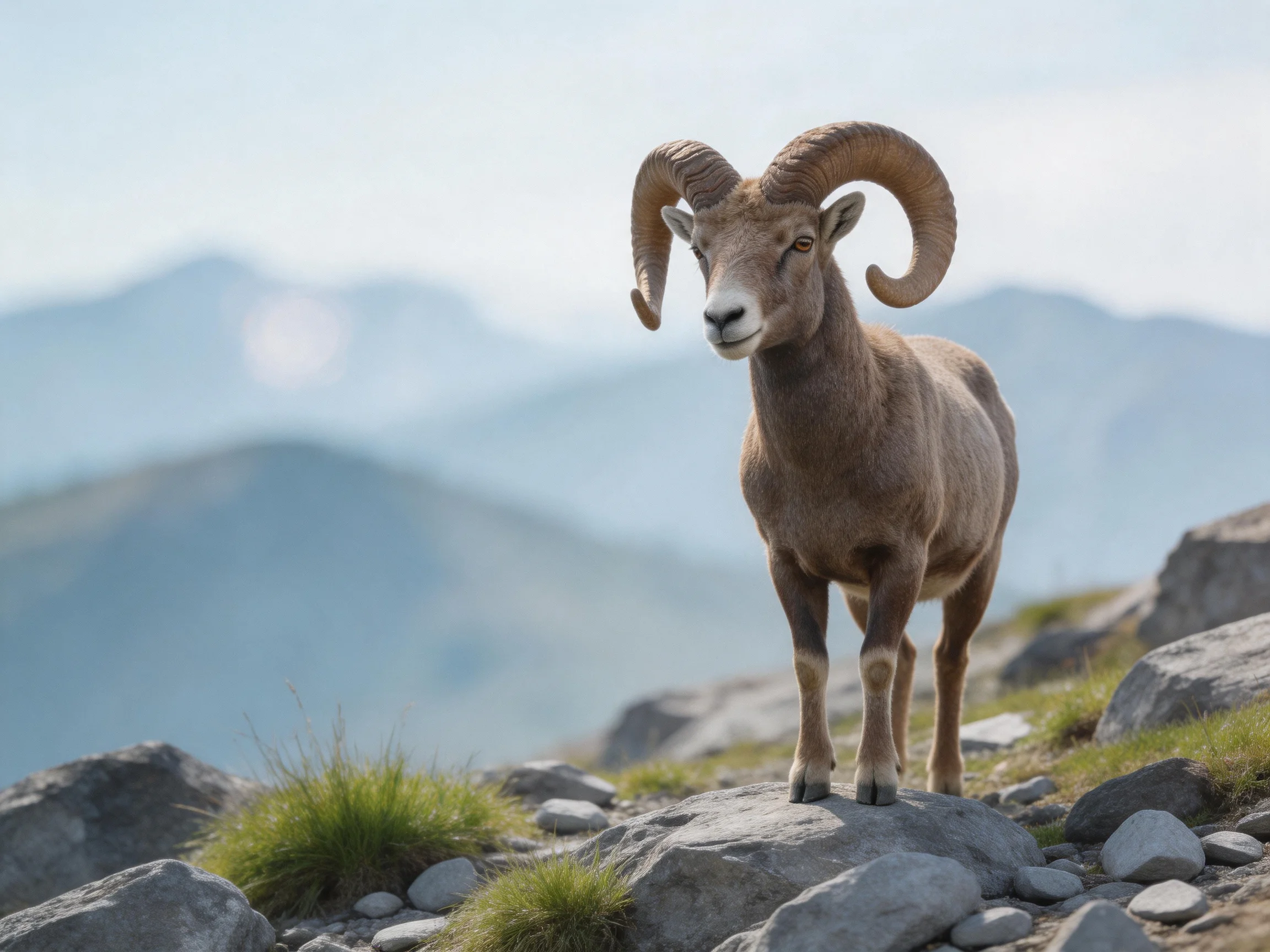 A brown bighorn sheep stands on rocky mountain rocks