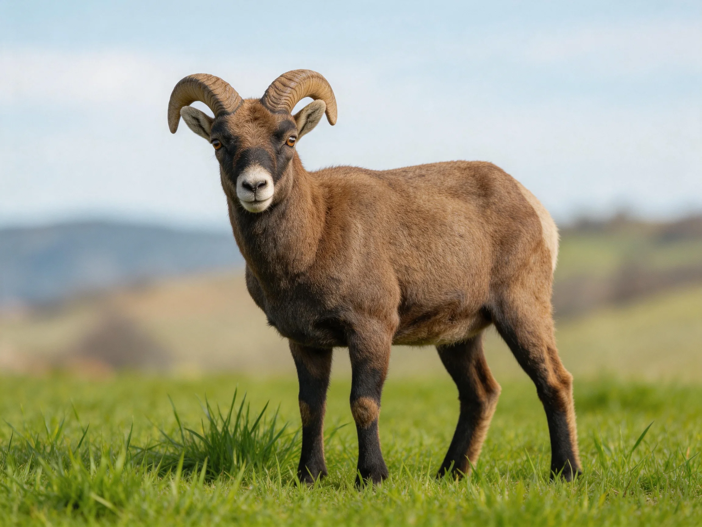 A brown bighorn sheep with curved horns in a grassy field