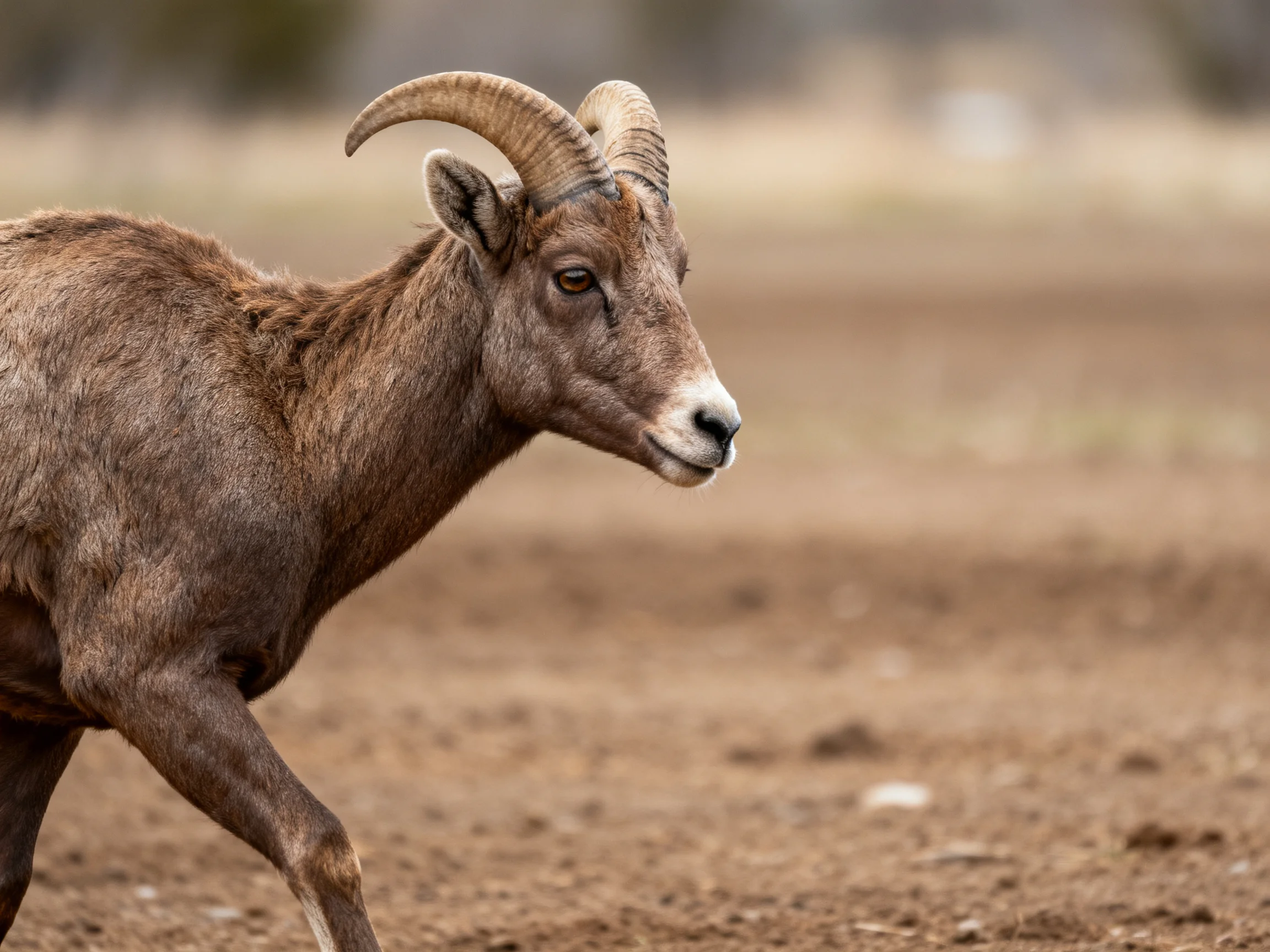 A brown bighorn sheep with curved horns in an open terrain