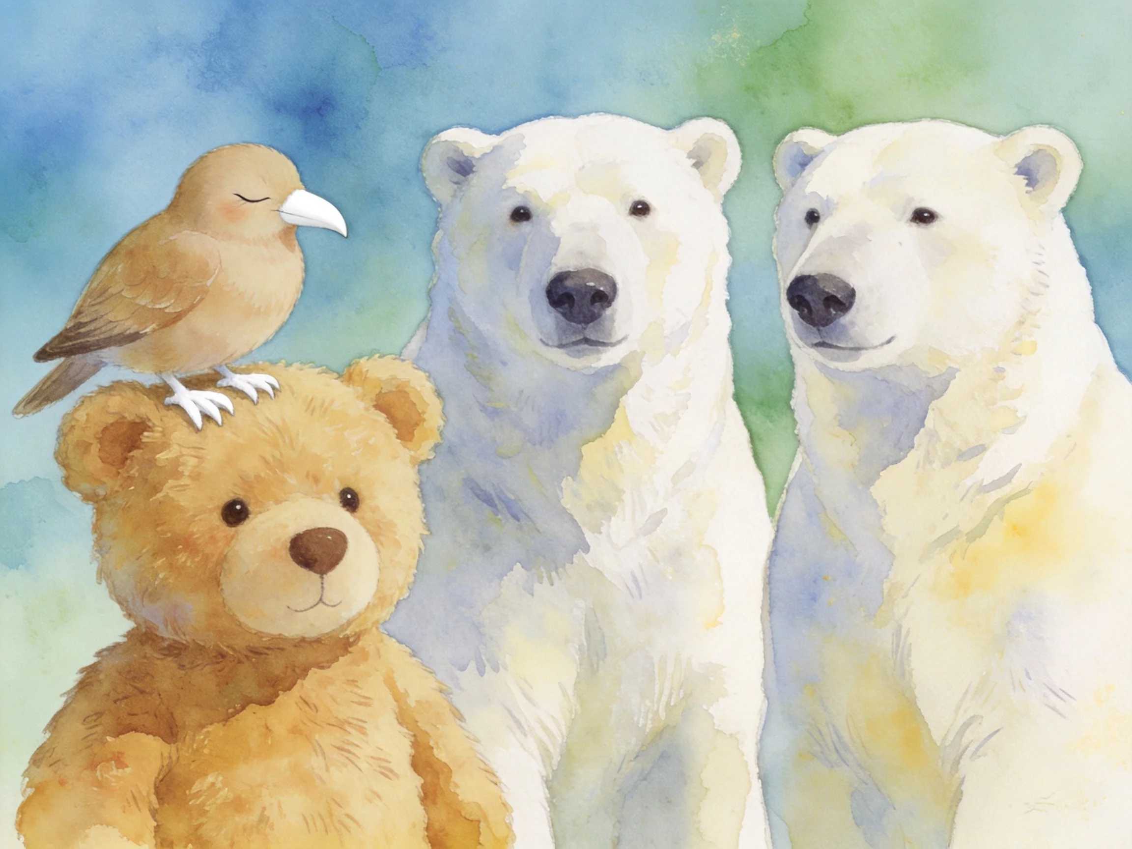 A brown bird perches on a tan teddy bear near two white polar bears