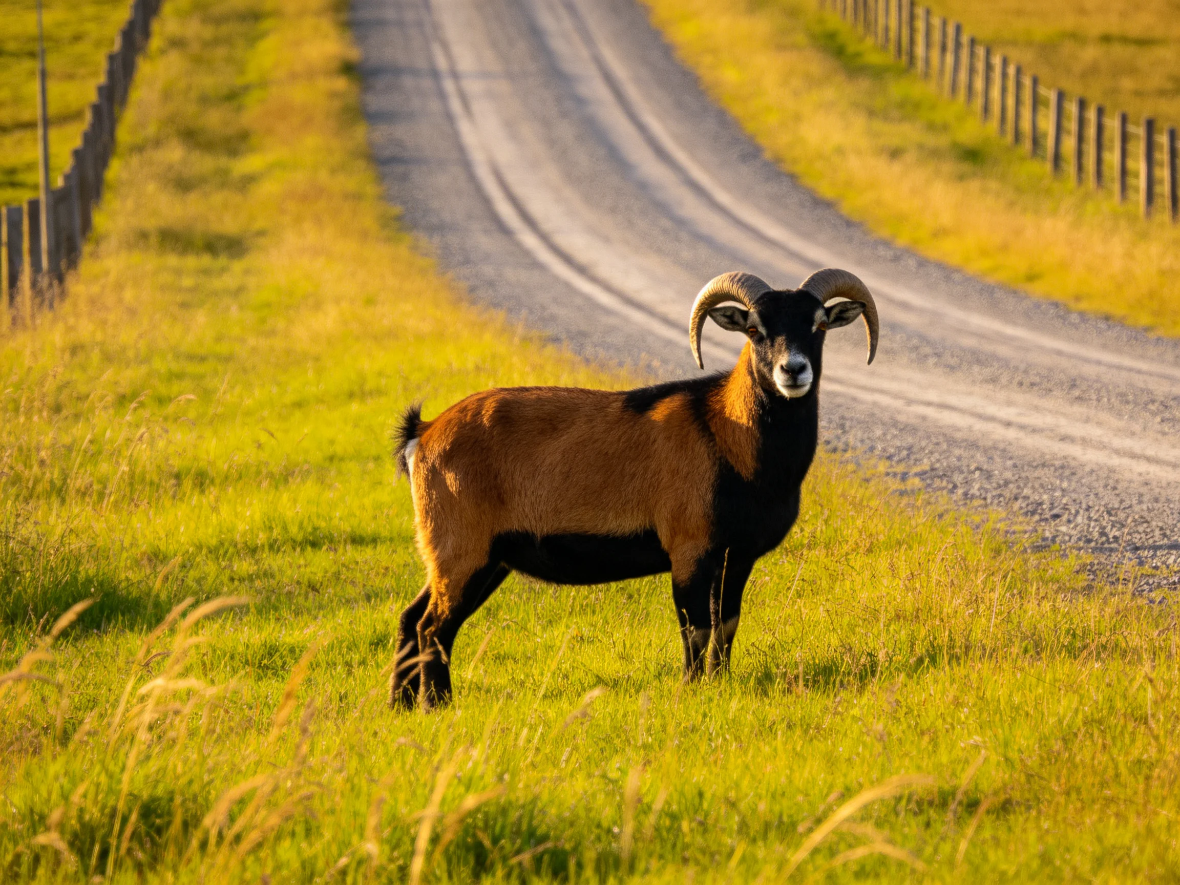 A brown-black ram stands by a winding gravel road