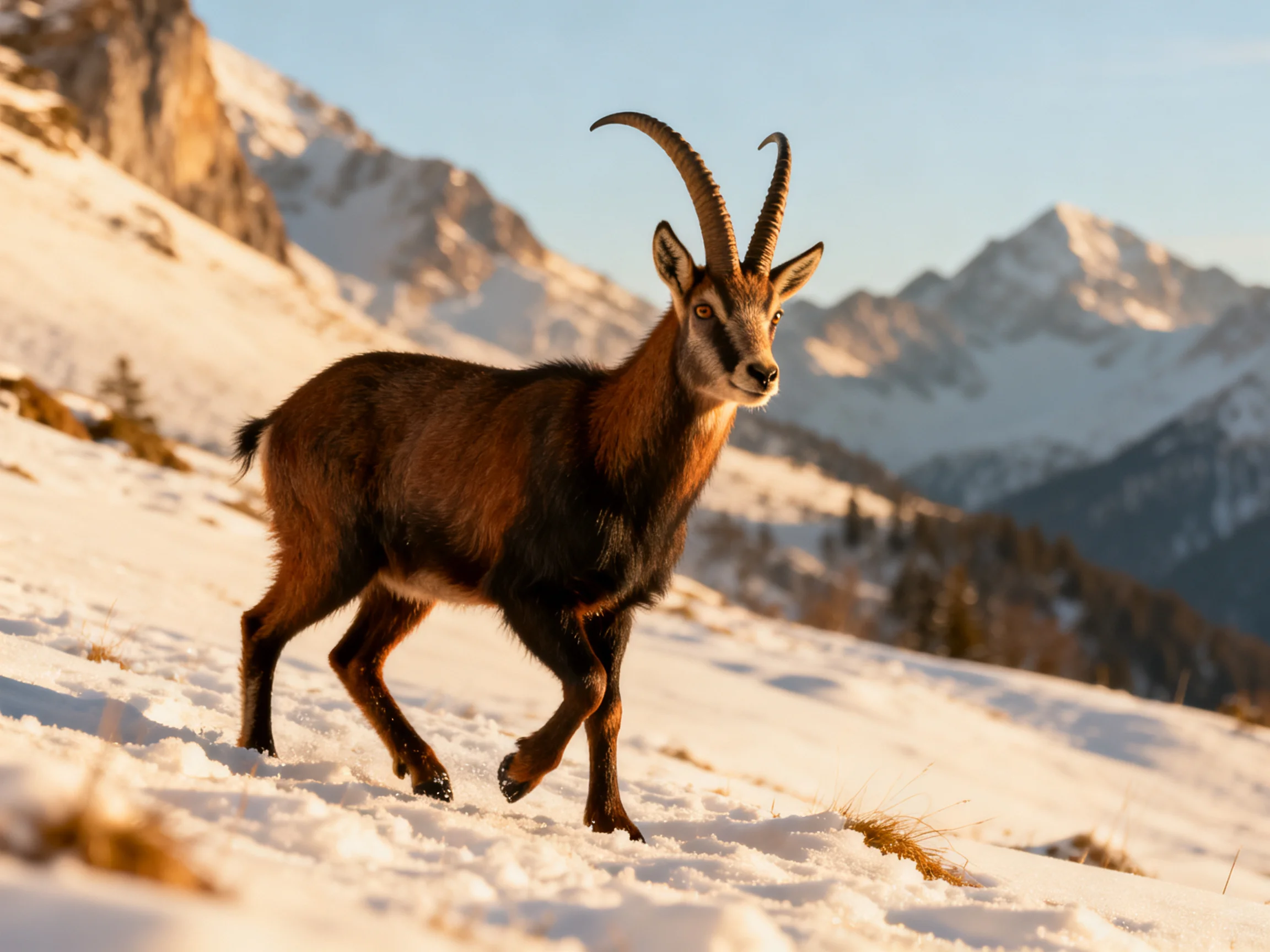 A brown-coated ibex on snow-covered mountain terrain