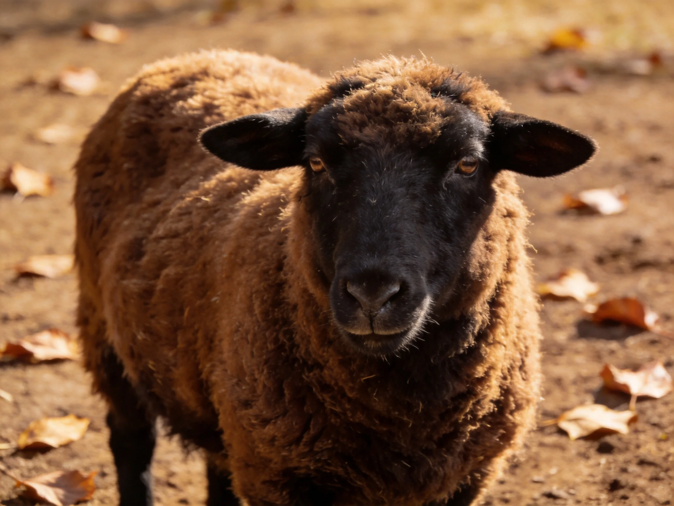 A brown-coated sheep with a black face amidst autumn leaves