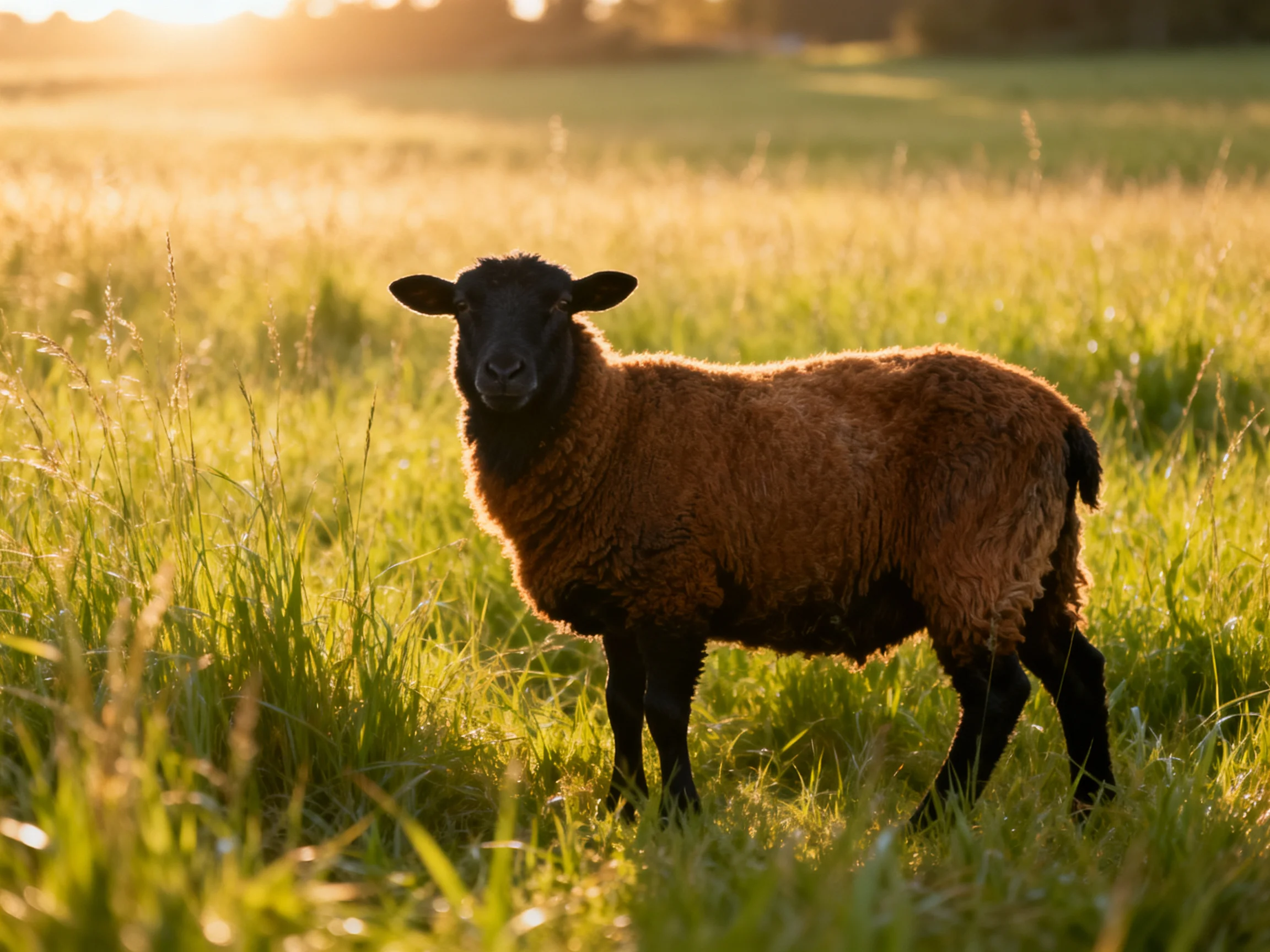 A brown-coated sheep with black face in a sunlit meadow
