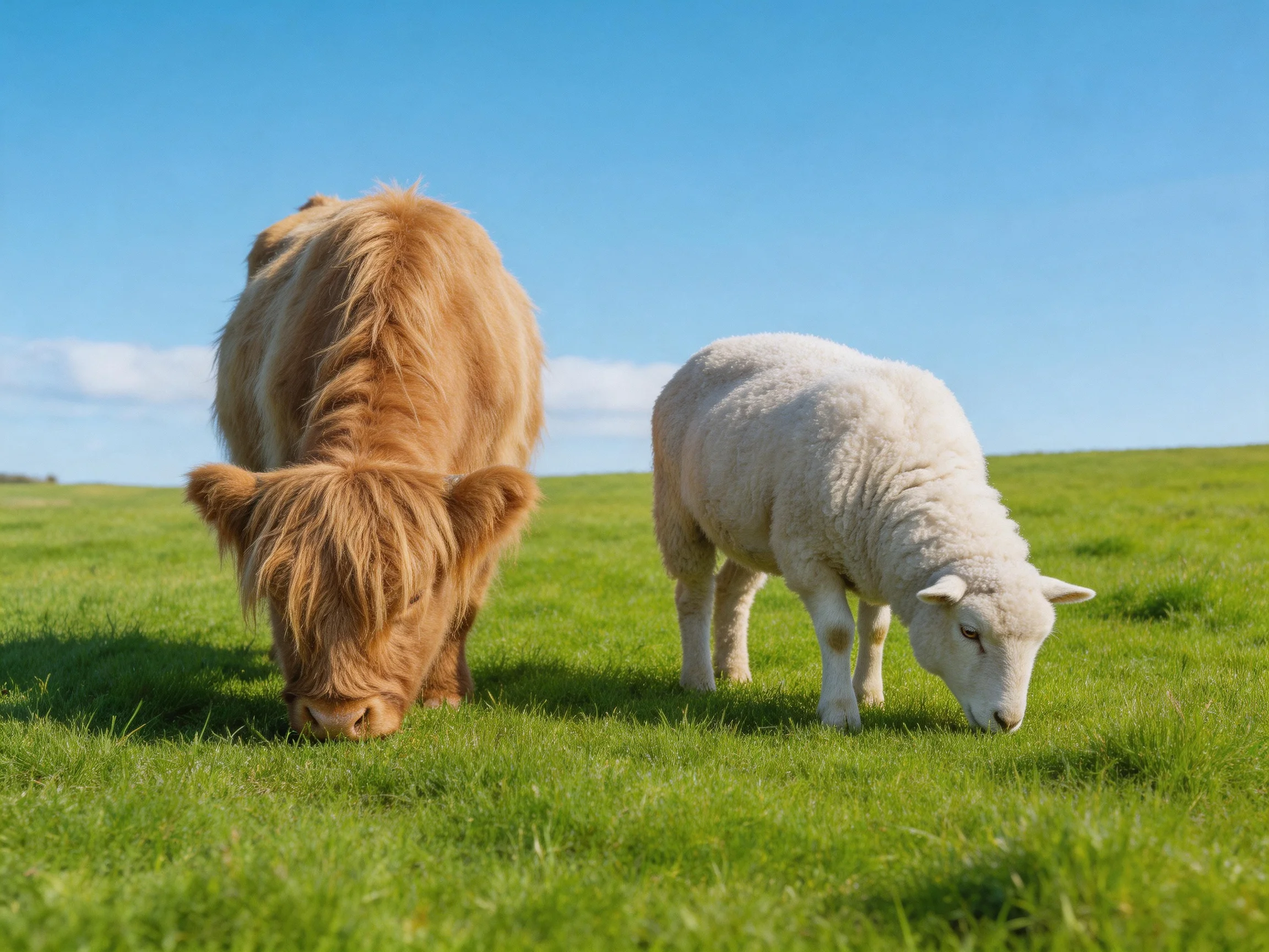 A brown cow and white lamb graze on lush green pasture beneath clear blue skies