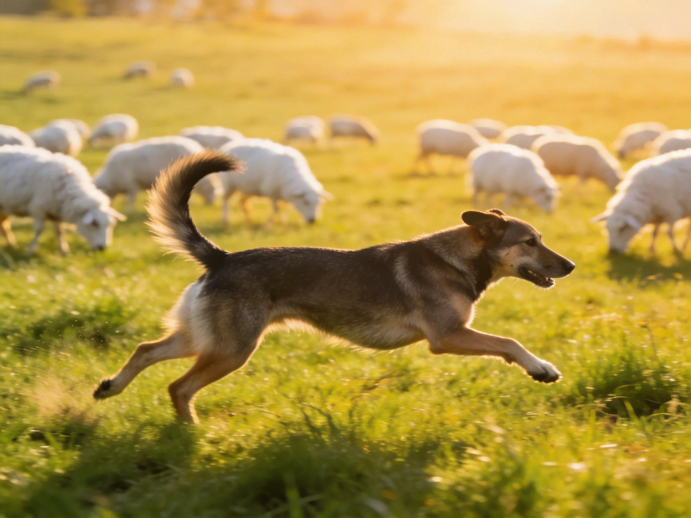 A brown dog herding white sheep in a sunlit grassy field