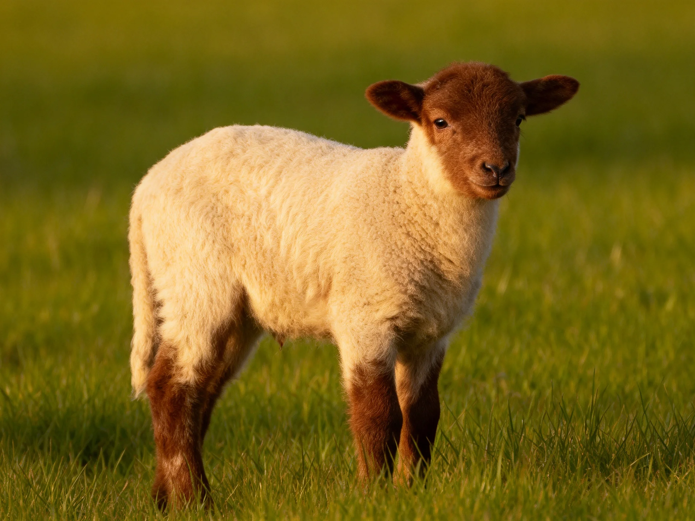 A brown-faced lamb stands in a sunlit green meadow