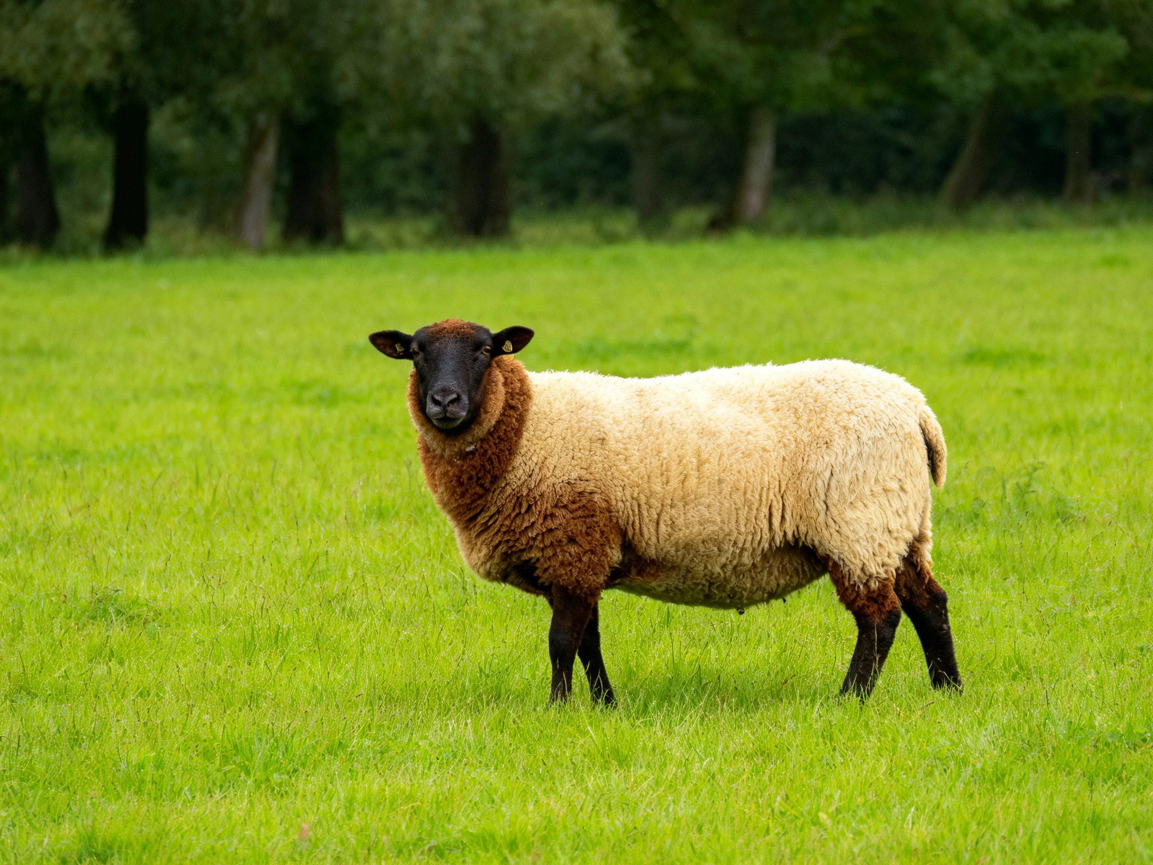 A brown-faced sheep in a lush green meadow with trees