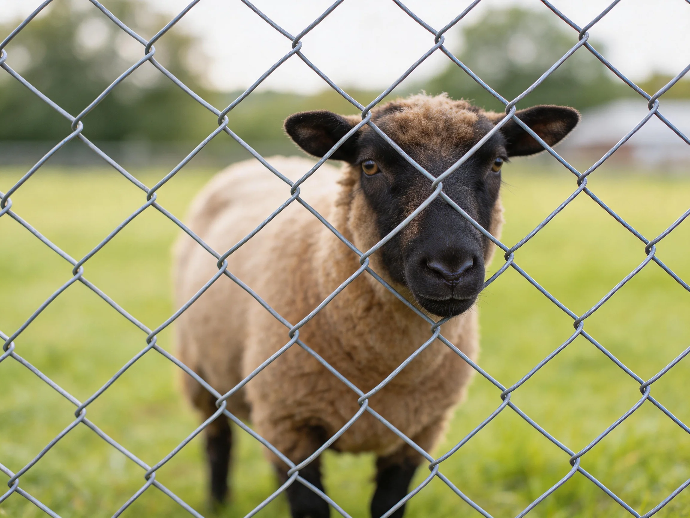 A brown-faced sheep stands behind a silver chain-link fence in a sunny field