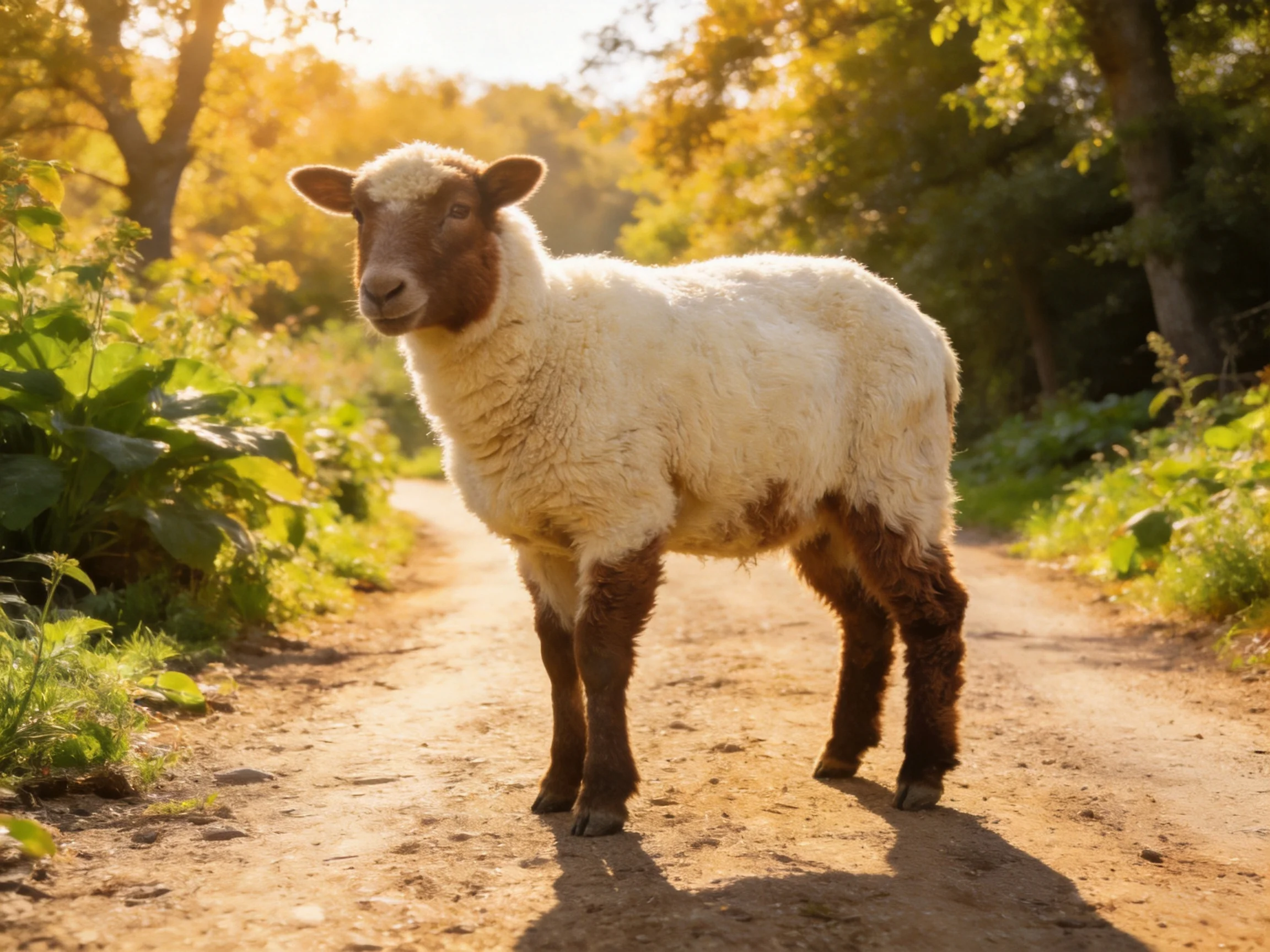 A brown-faced sheep stands on a sunlit dirt path