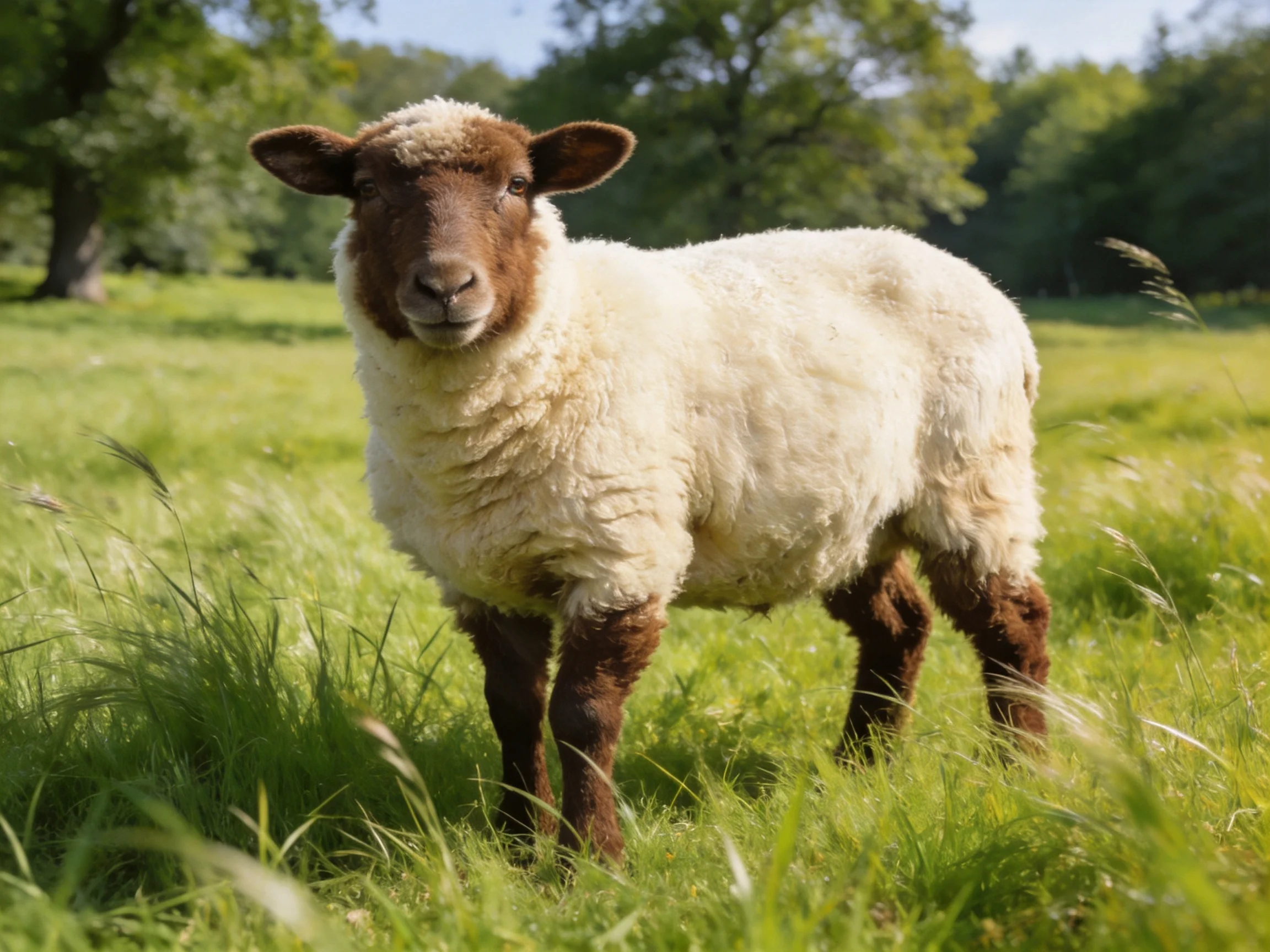 A brown-faced sheep with white wool stands in a sunlit meadow.