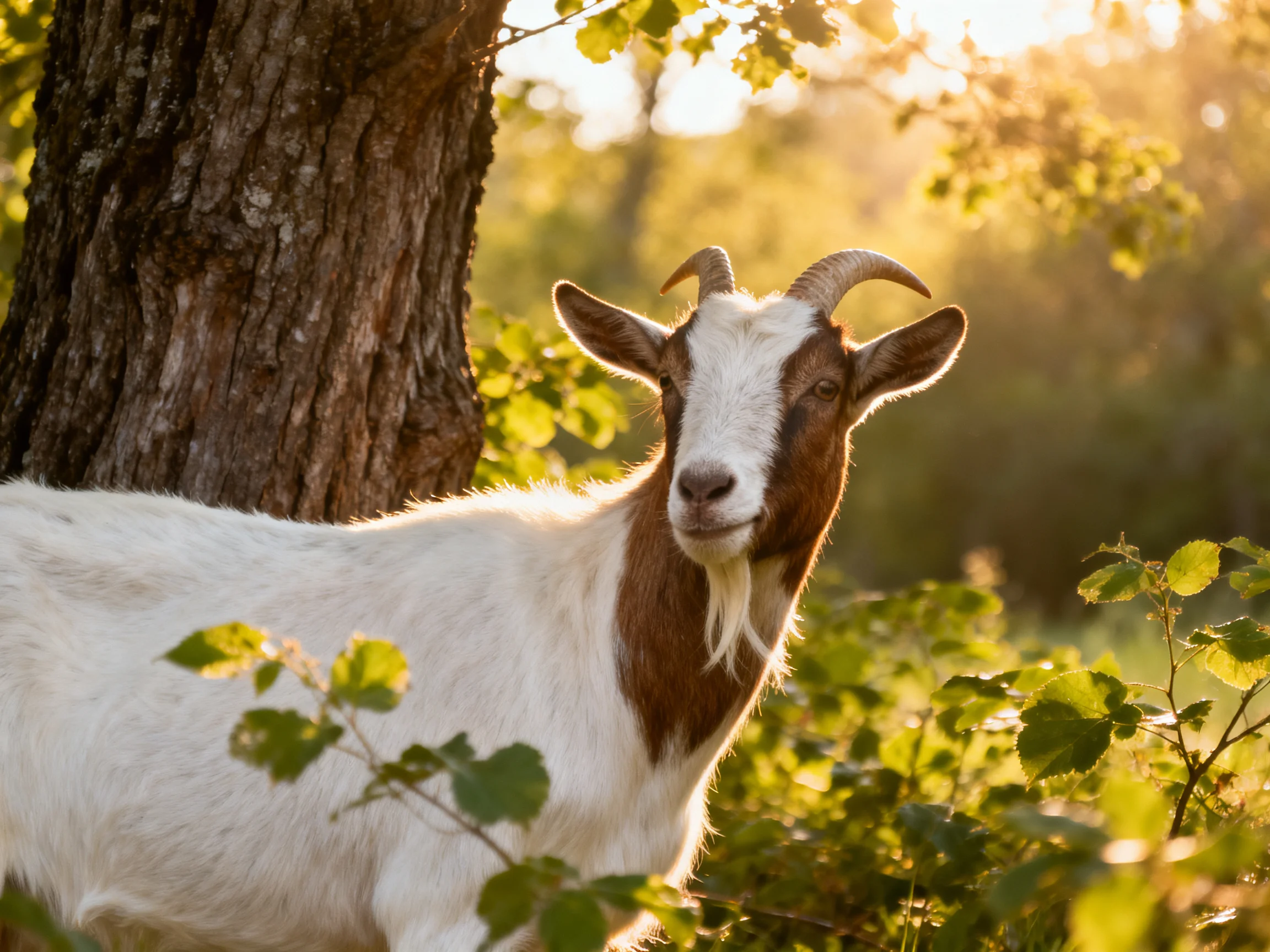 A brown-faced white goat near a large textured tree in golden sunlight