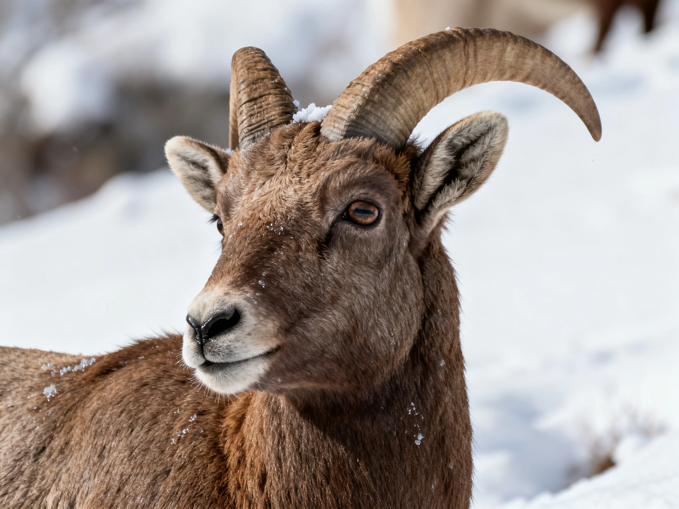 A brown-furred horned goat in a snowy landscape