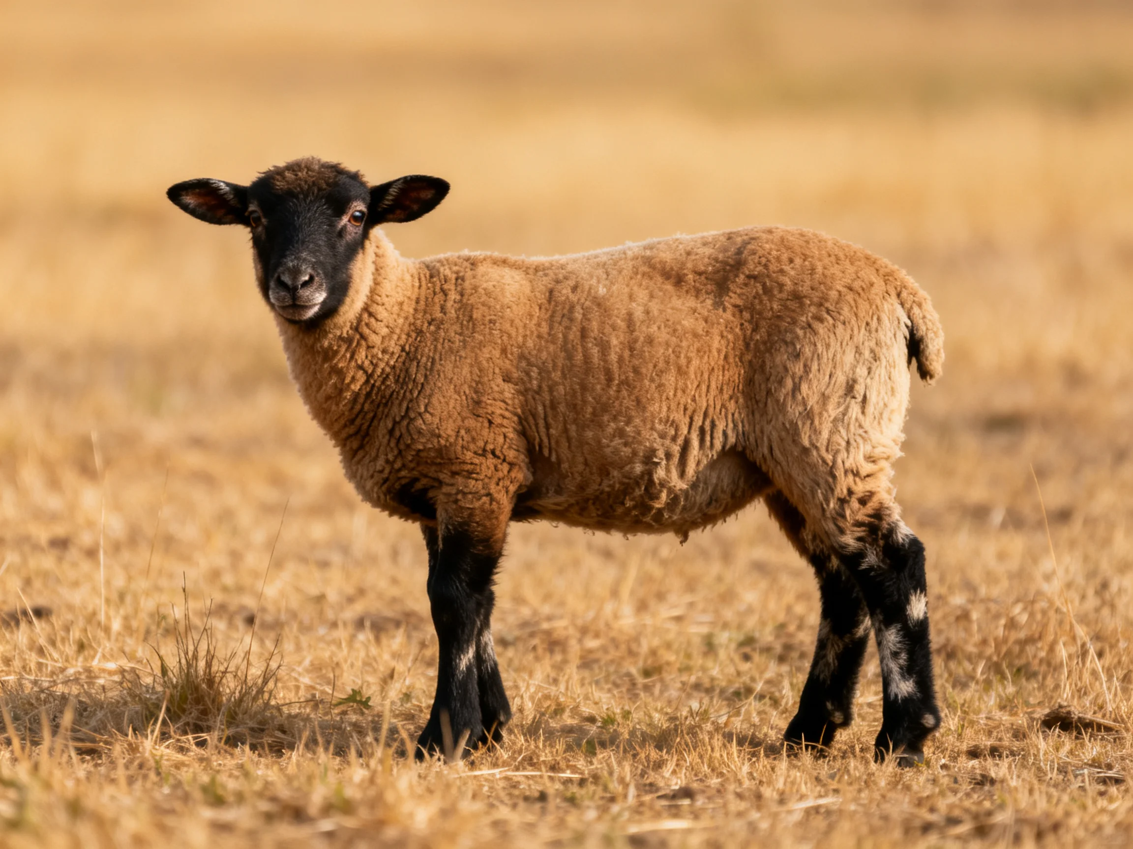A brown-furred lamb with black face and legs in golden grassland