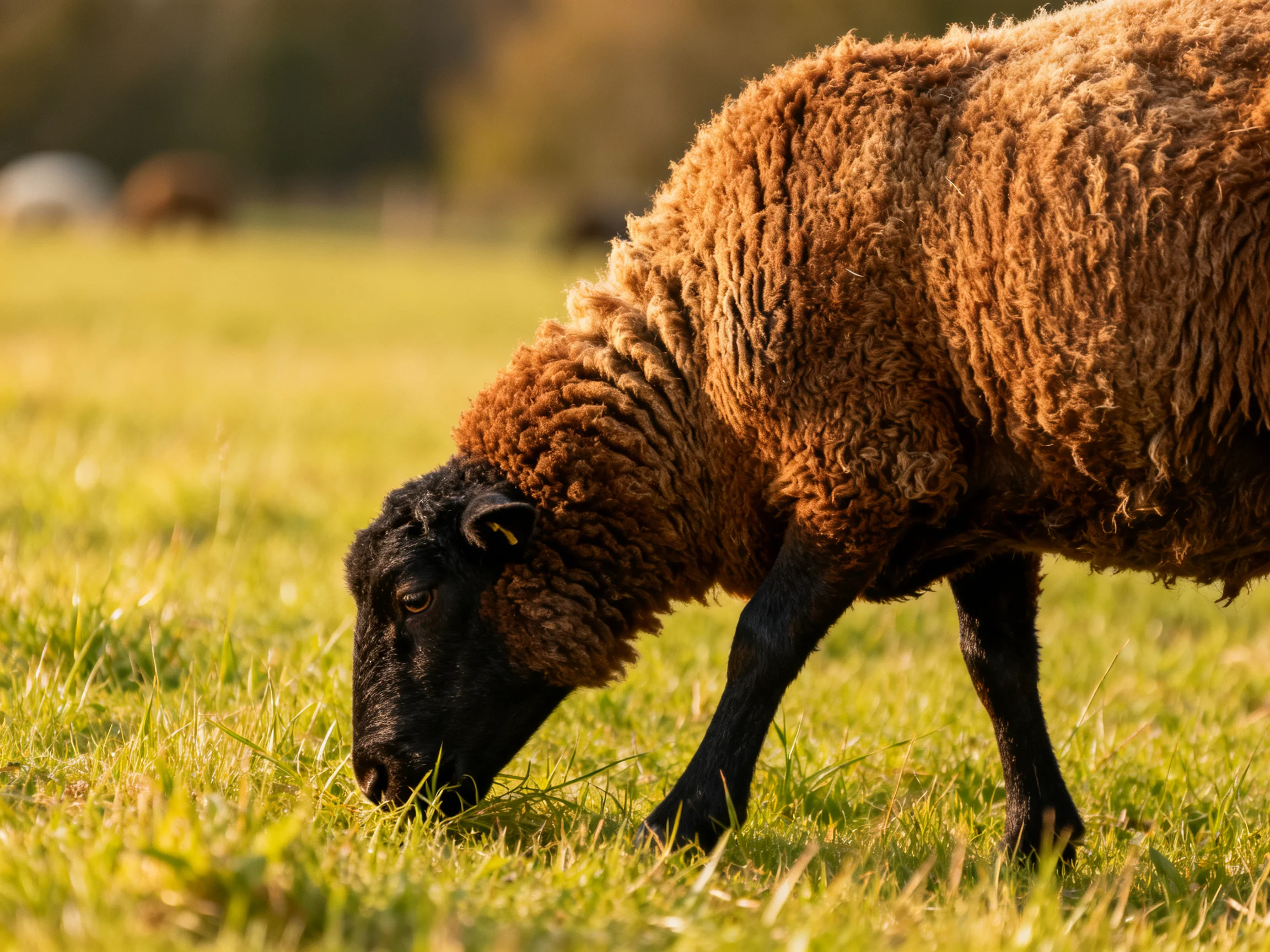 A brown-furred sheep grazes in a sunlit green pasture