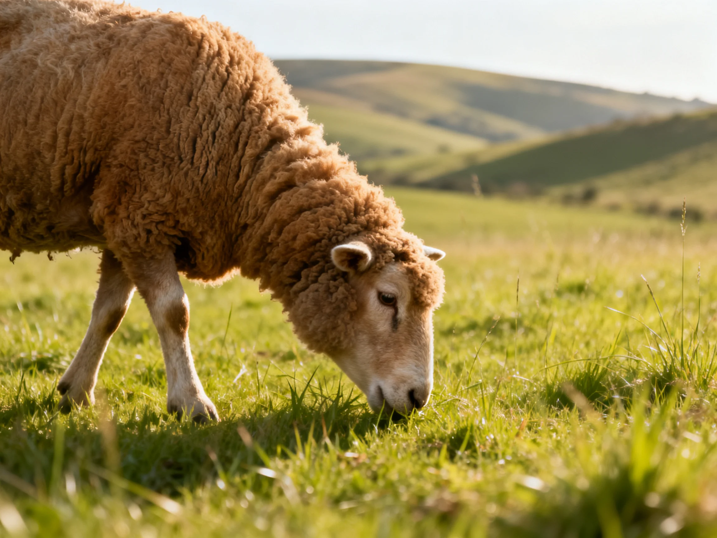 A brown-furred sheep grazing in a sunlit green pasture