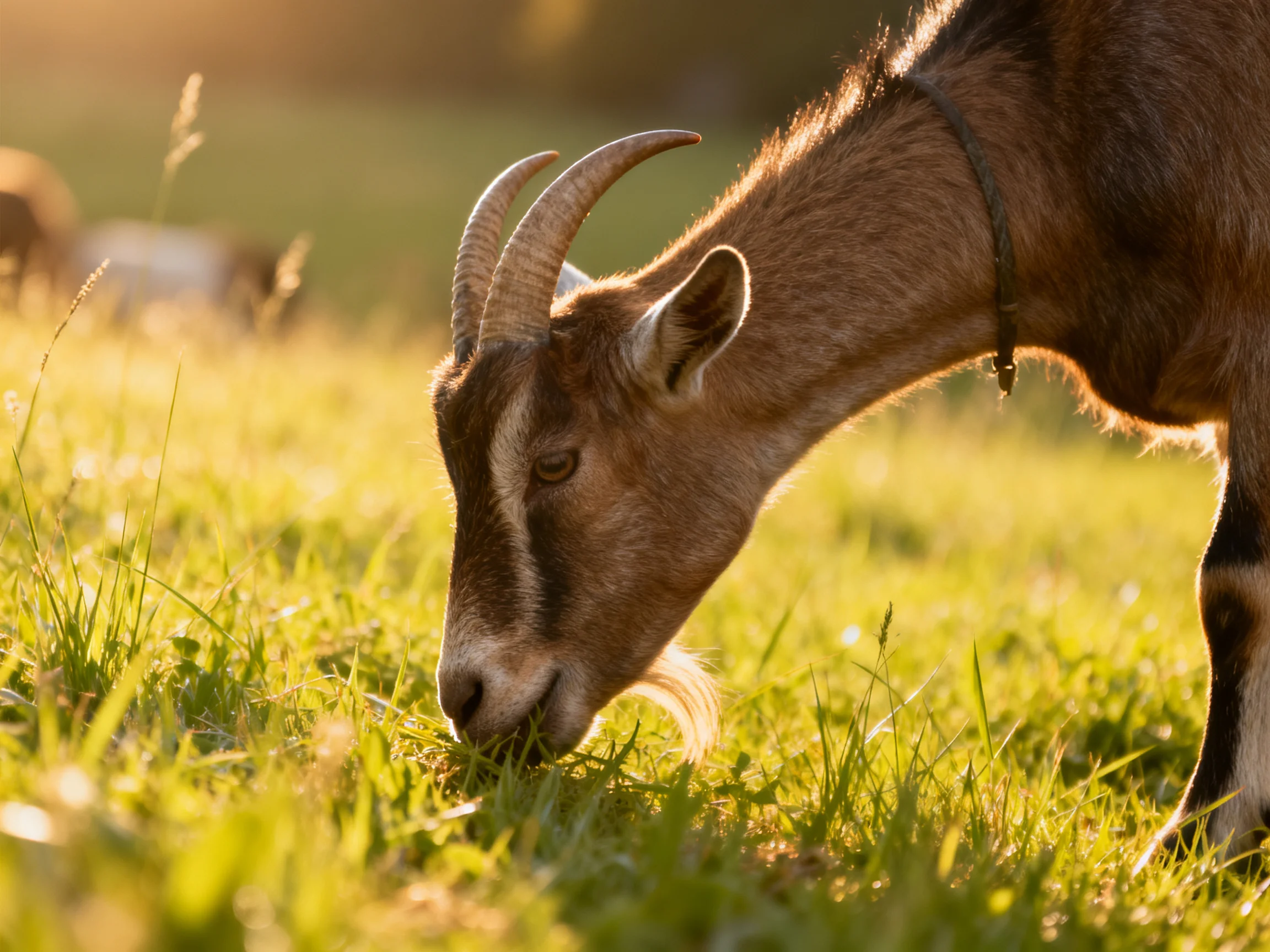 A brown goat grazes in sun-drenched green pasture