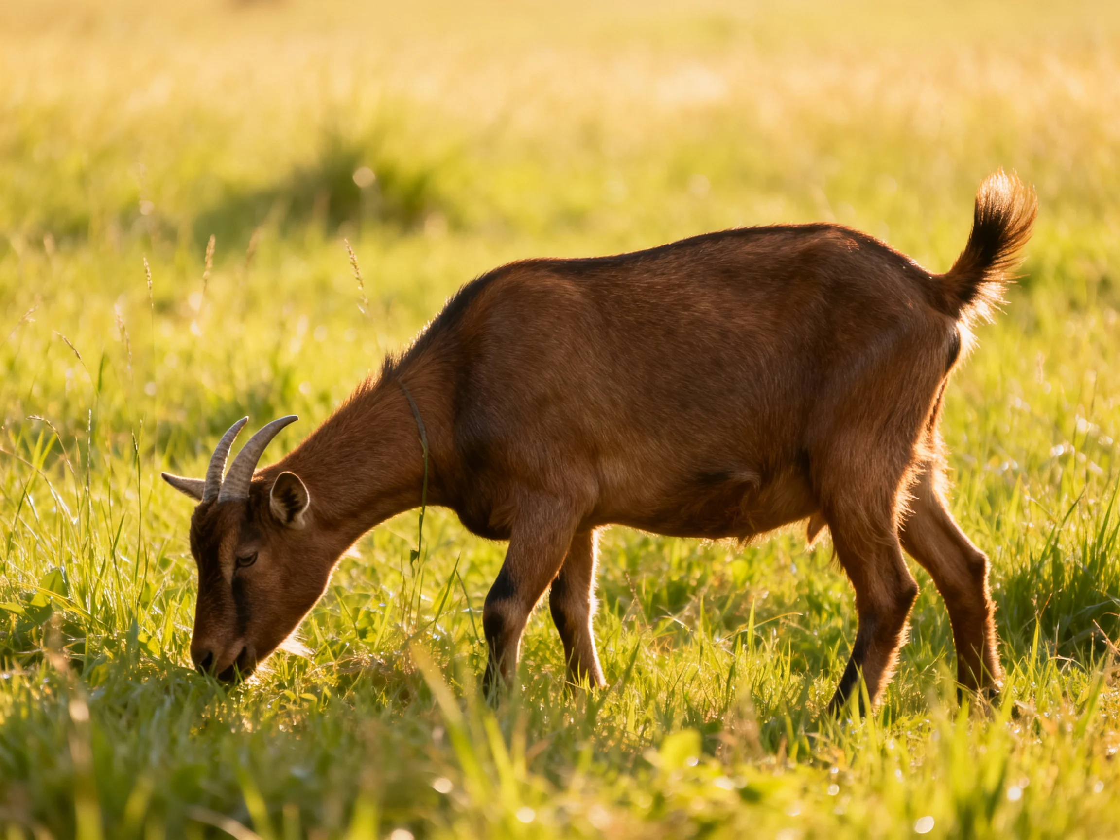 A brown goat grazing in a sunlit green meadow