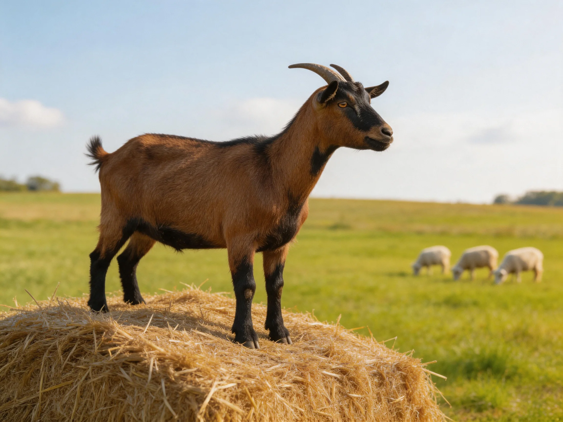 A brown goat stands atop a hay bale near grazing sheep