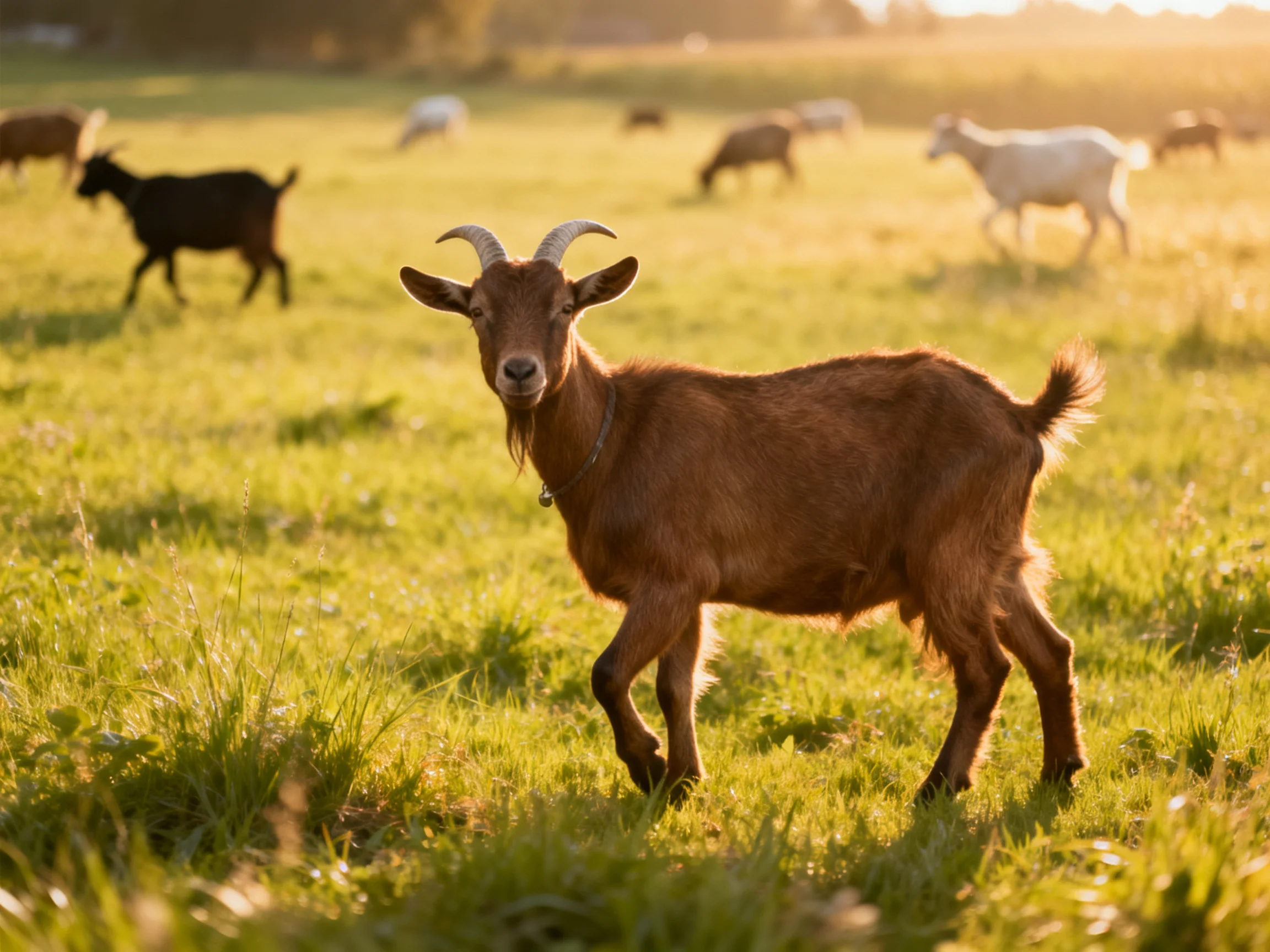 A brown goat stands in a sunlit green pasture with other goats