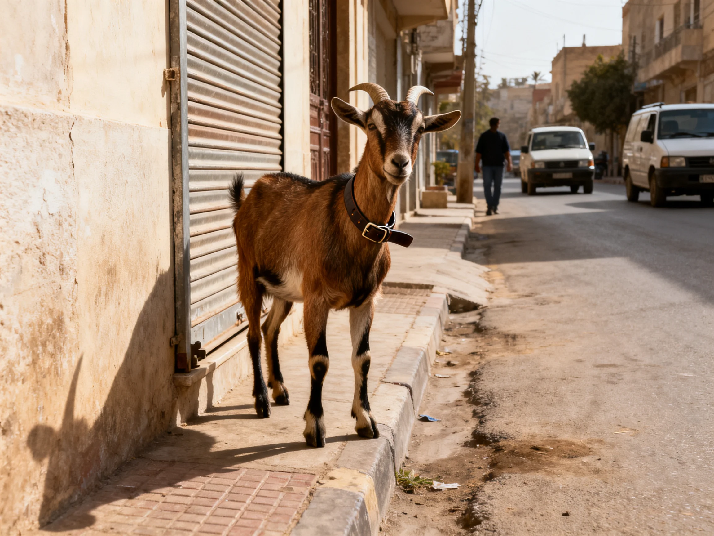 A brown goat stands near a closed metal shutter on a sunny street
