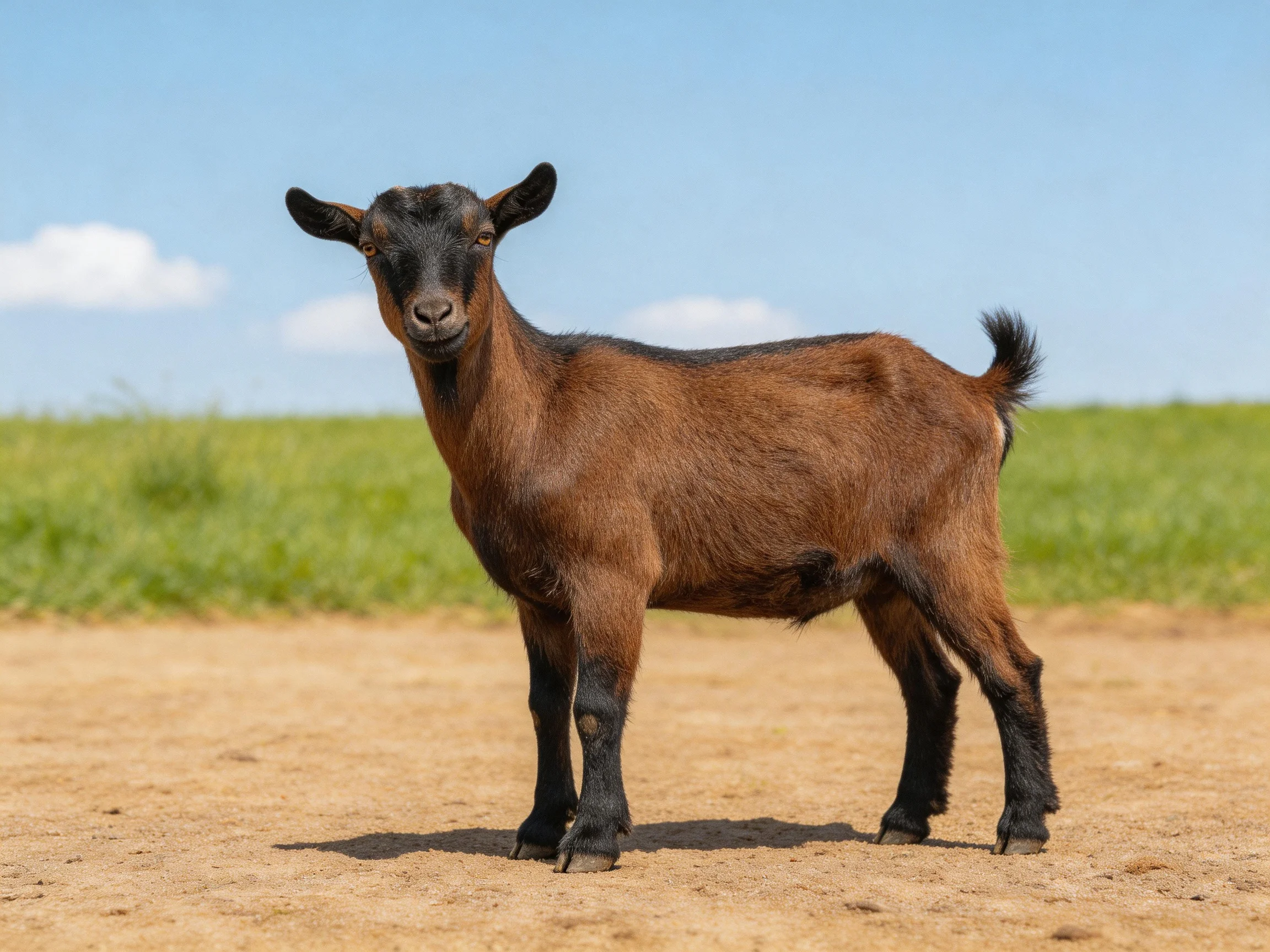 A brown goat with black markings stands on sandy ground near green fields