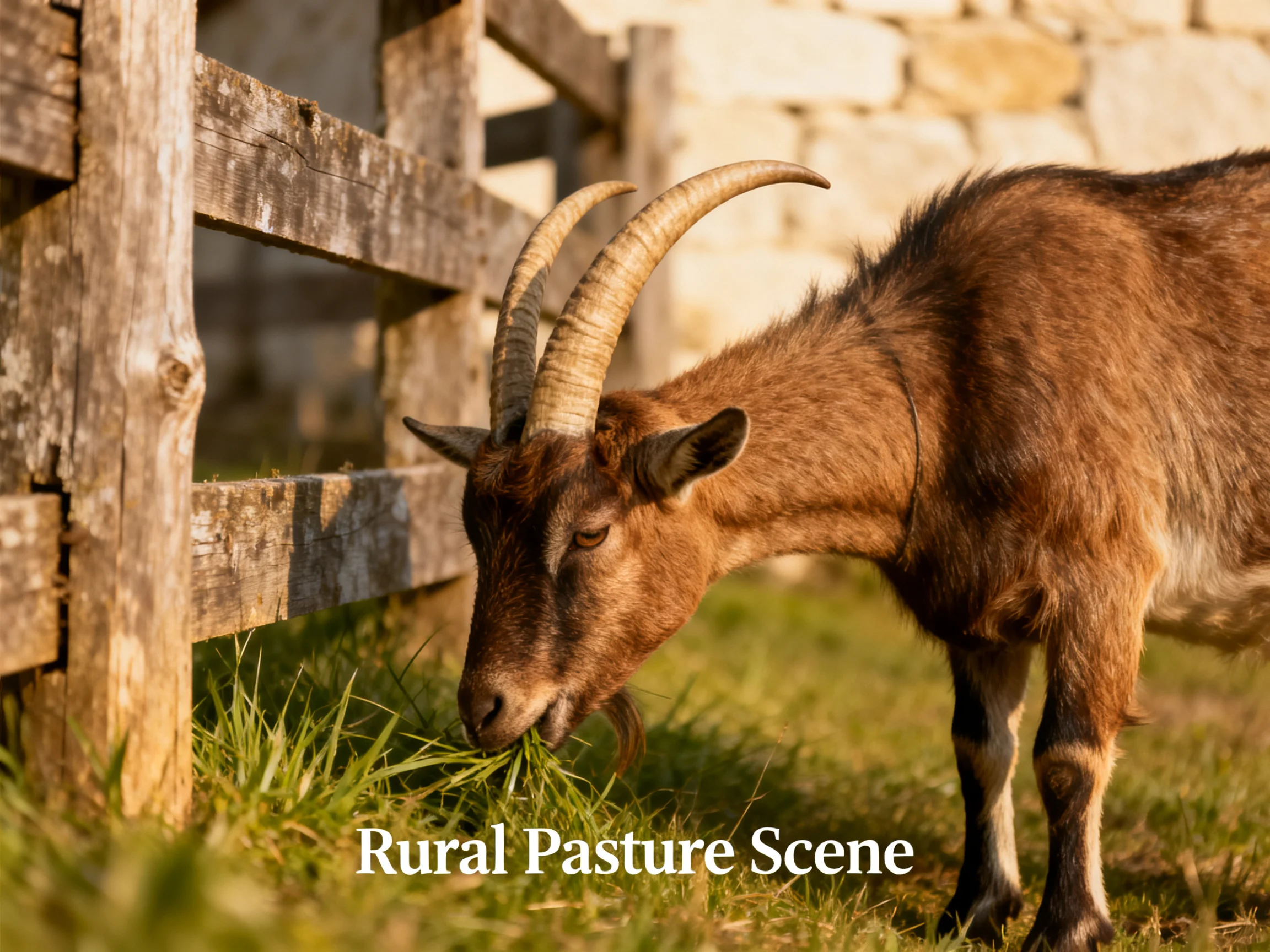 A brown goat with curved horns grazing by a weathered wooden fence