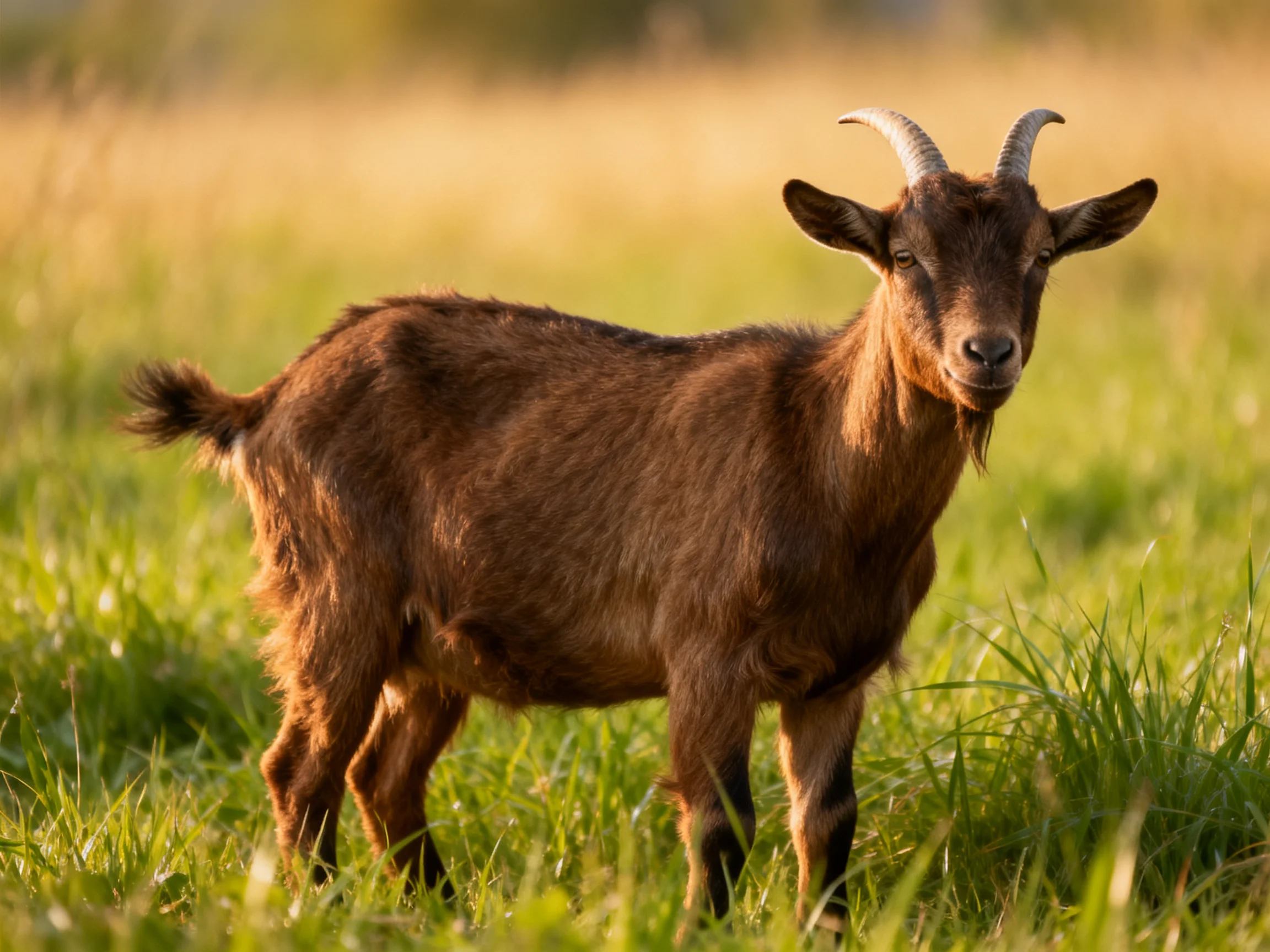 A brown goat with curved horns in a sunlit meadow