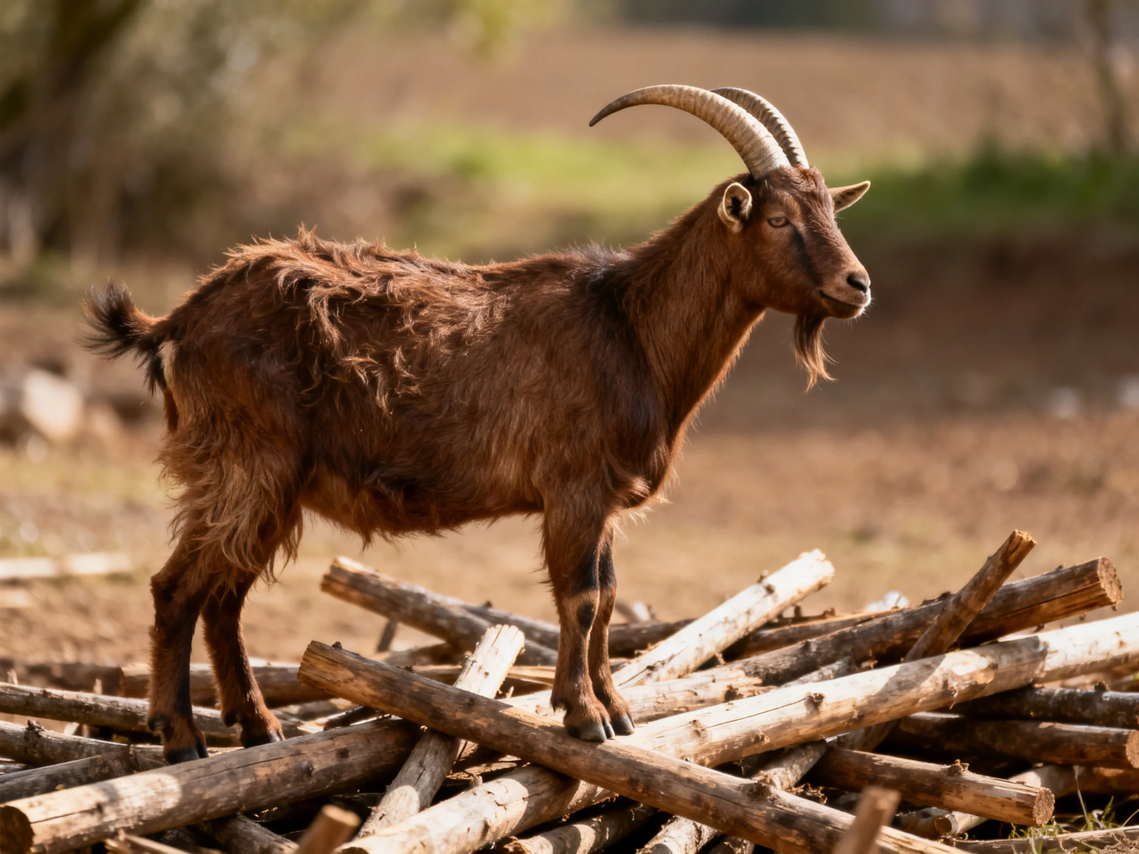 A brown goat with curved horns stands atop stacked wooden logs